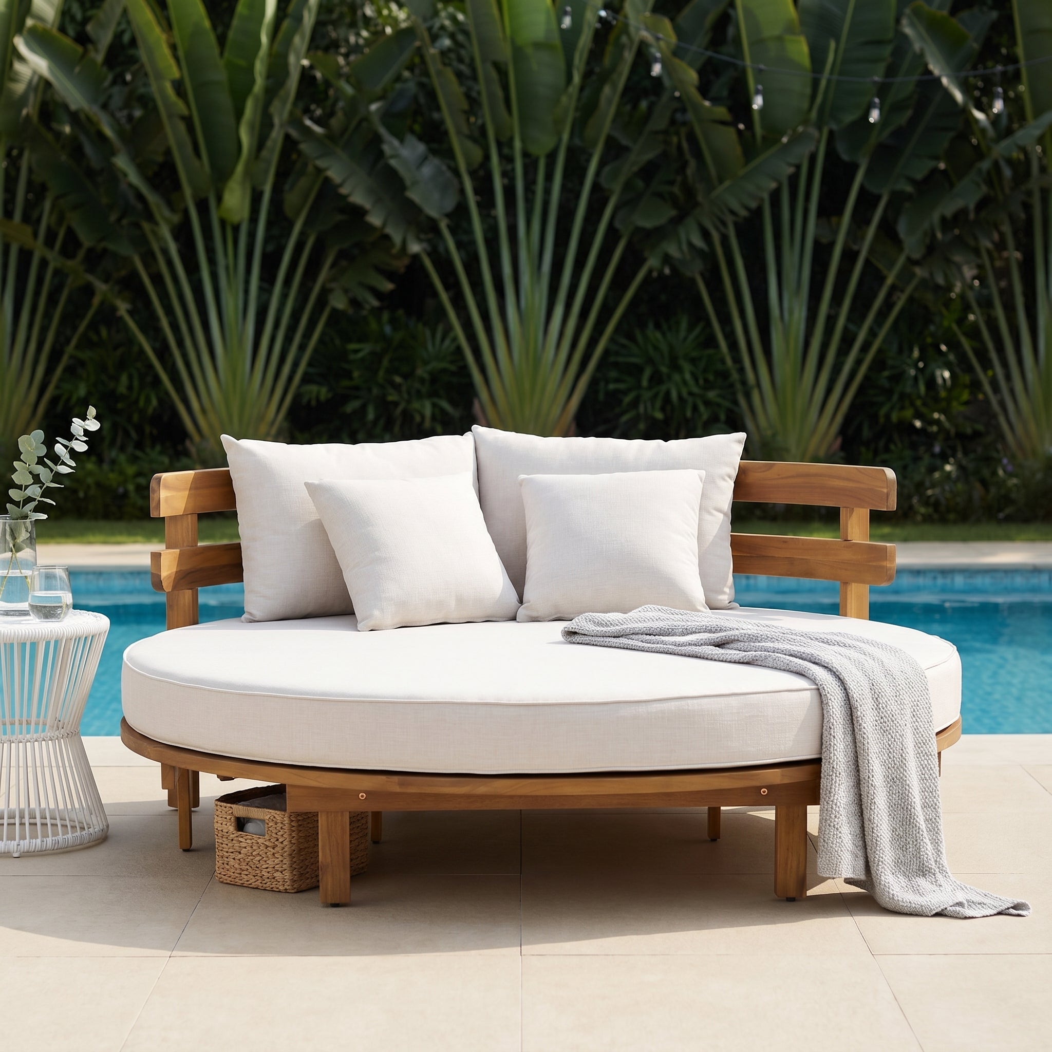 Alora Luxury Outdoor Acacia Wood Round Daybed With Cushions And Pillows (SAK40613)