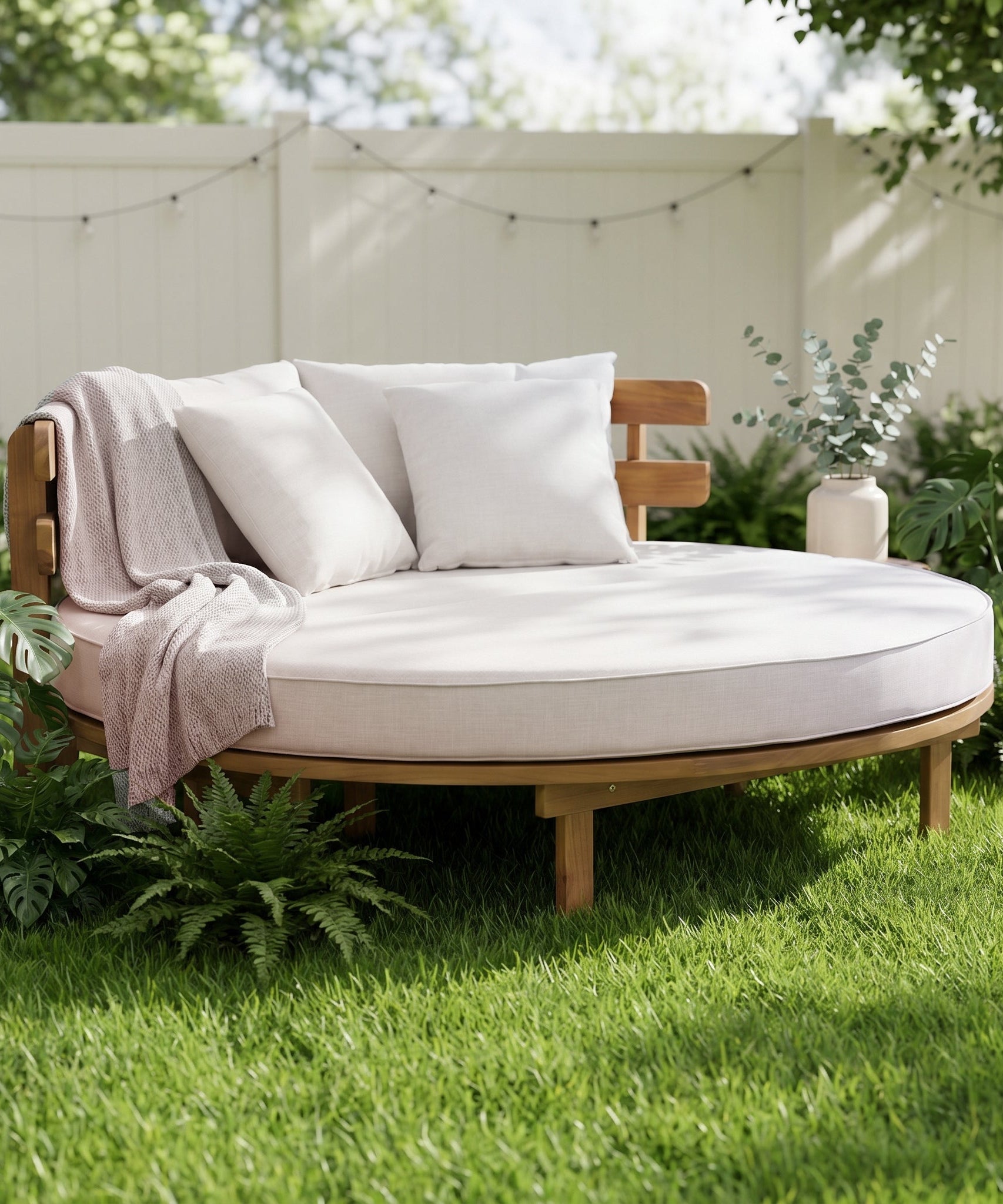 Alora Luxury Outdoor Acacia Wood Round Daybed With Cushions And Pillows (SAK40613)
