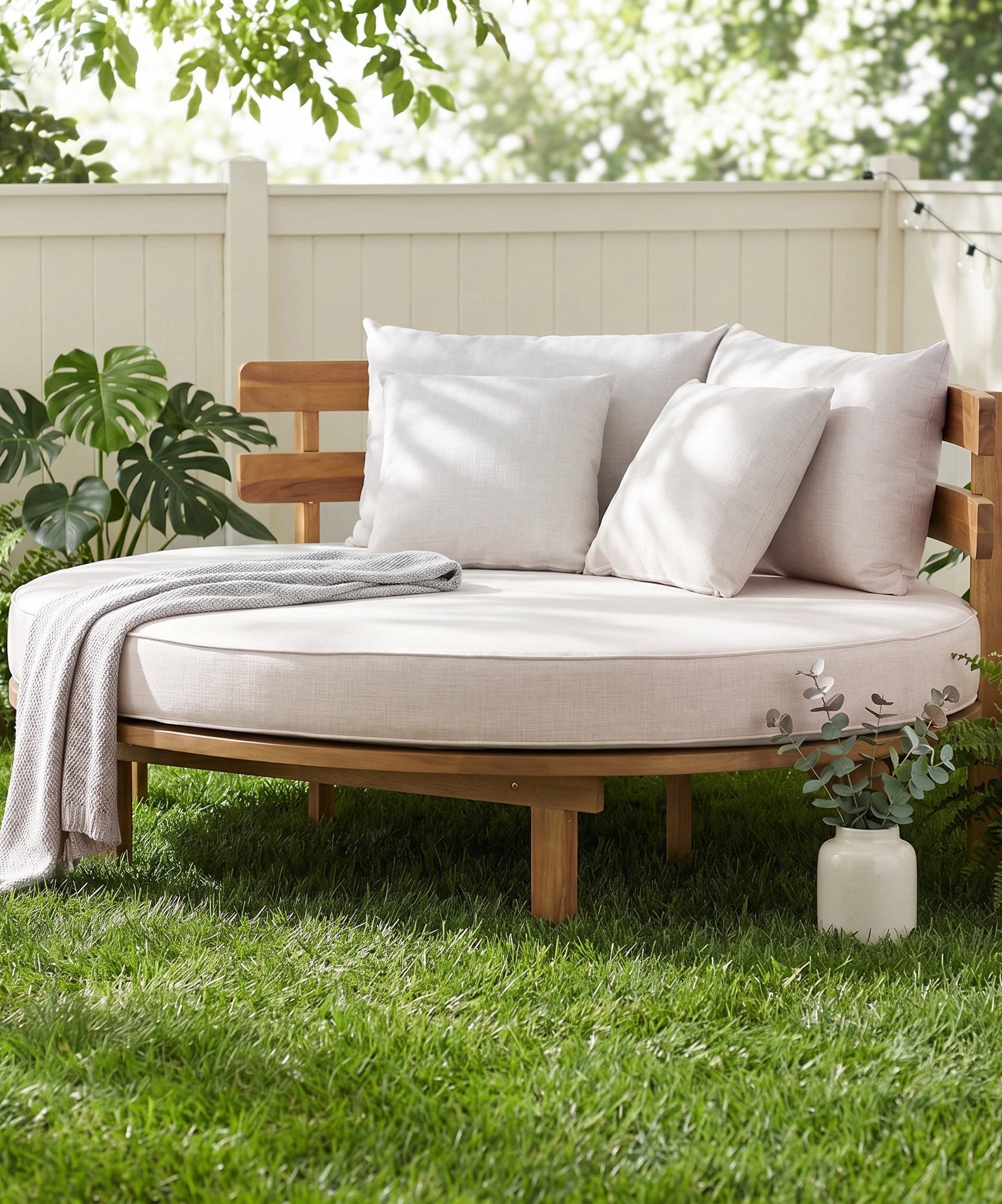 Alora Luxury Outdoor Acacia Wood Round Daybed With Cushions And Pillows (SAK40613)
