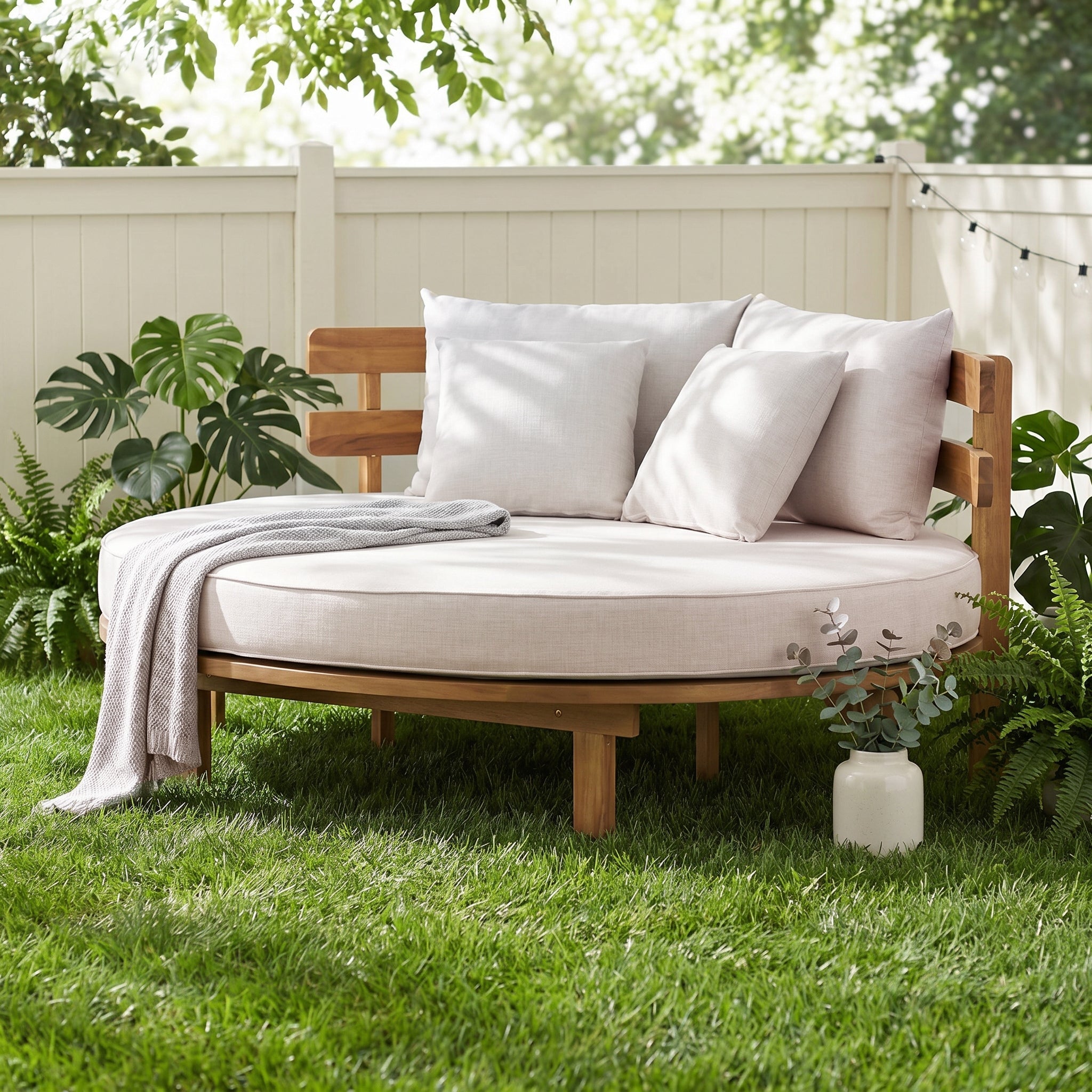 Alora Luxury Outdoor Acacia Wood Round Daybed With Cushions And Pillows (SAK40613)