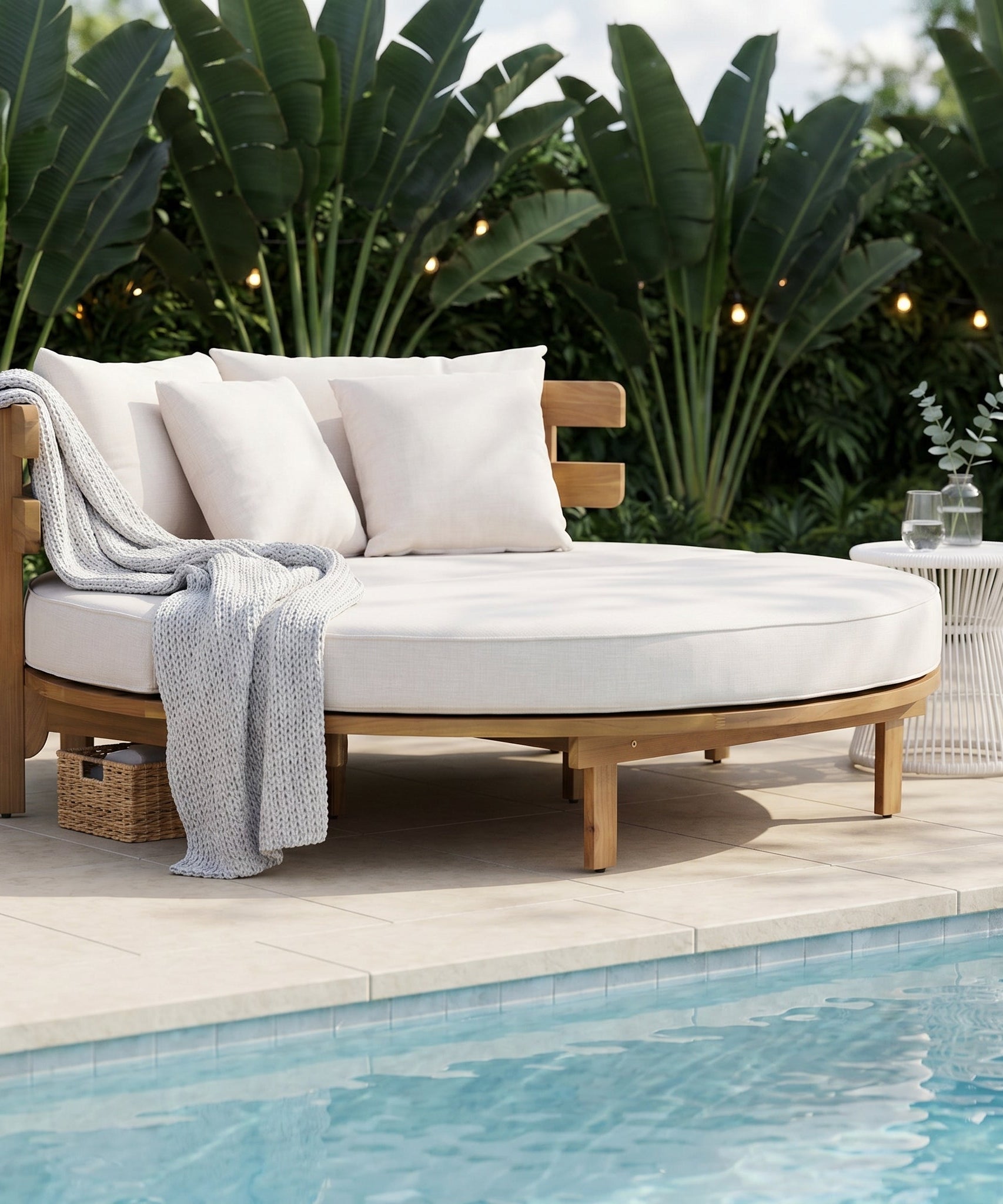 Alora Luxury Outdoor Acacia Wood Round Daybed With Cushions And Pillows (SAK40613)