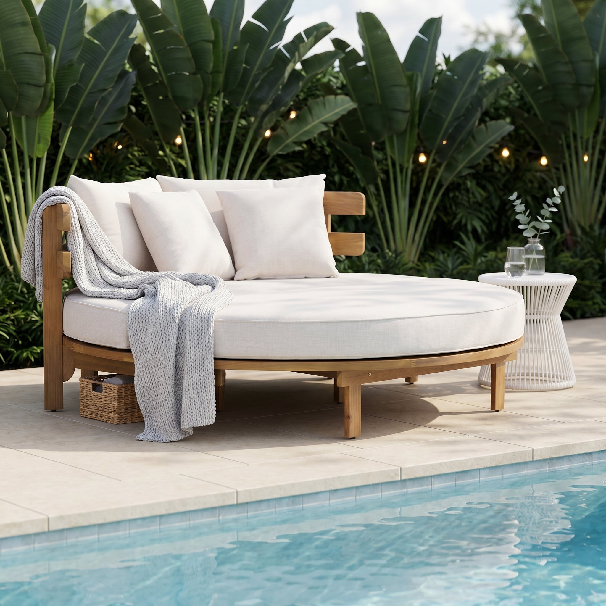 Alora Luxury Outdoor Acacia Wood Round Daybed With Cushions And Pillows (SAK40613)