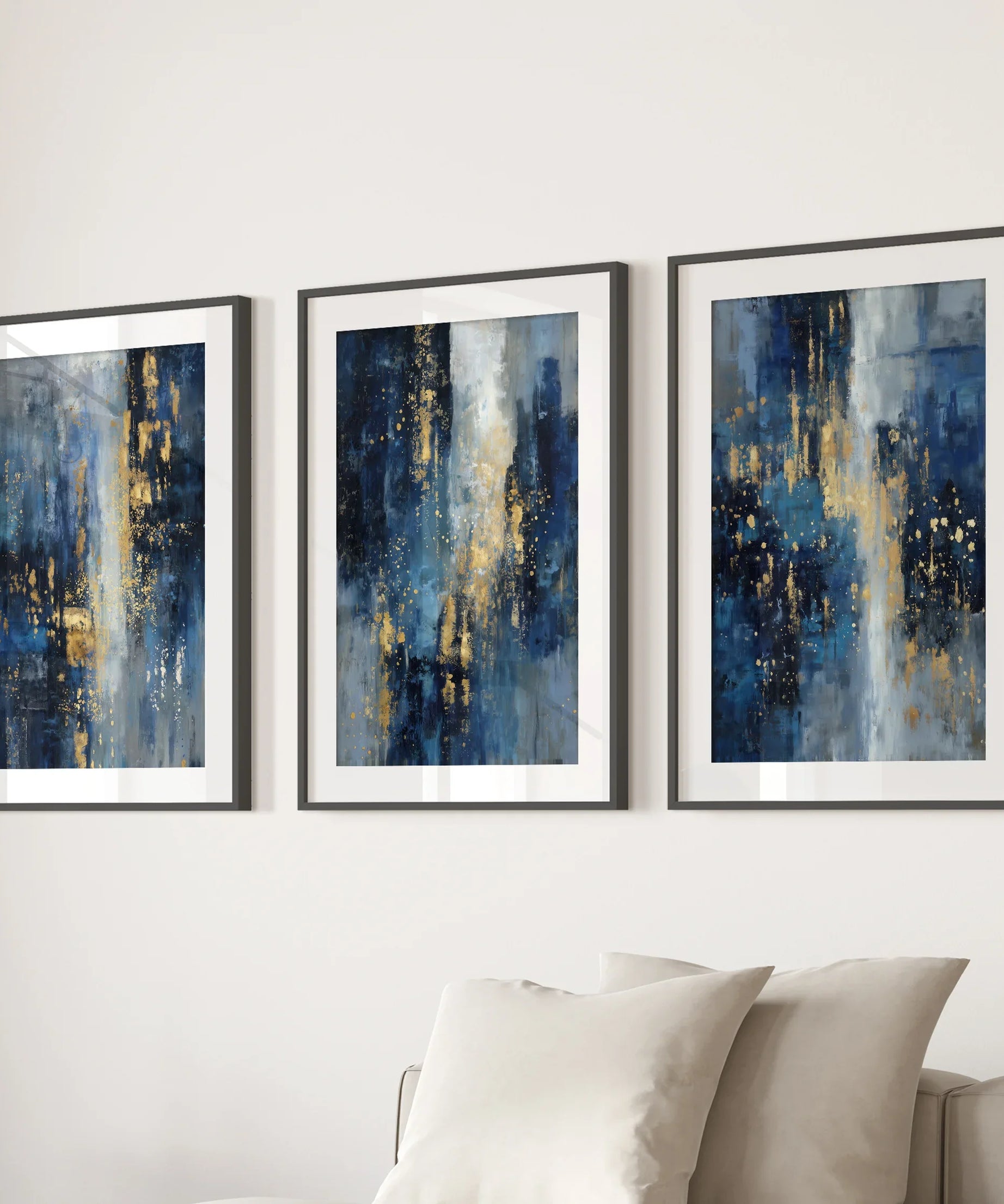 Navy Blue and Gold Triptych. Sparkle Oil Painting Prints