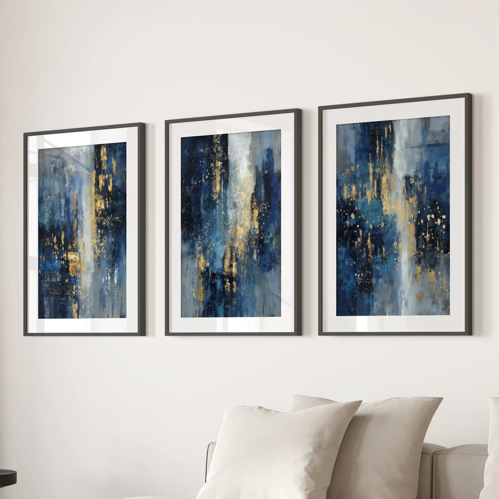 Navy Blue and Gold Triptych. Sparkle Oil Painting Prints