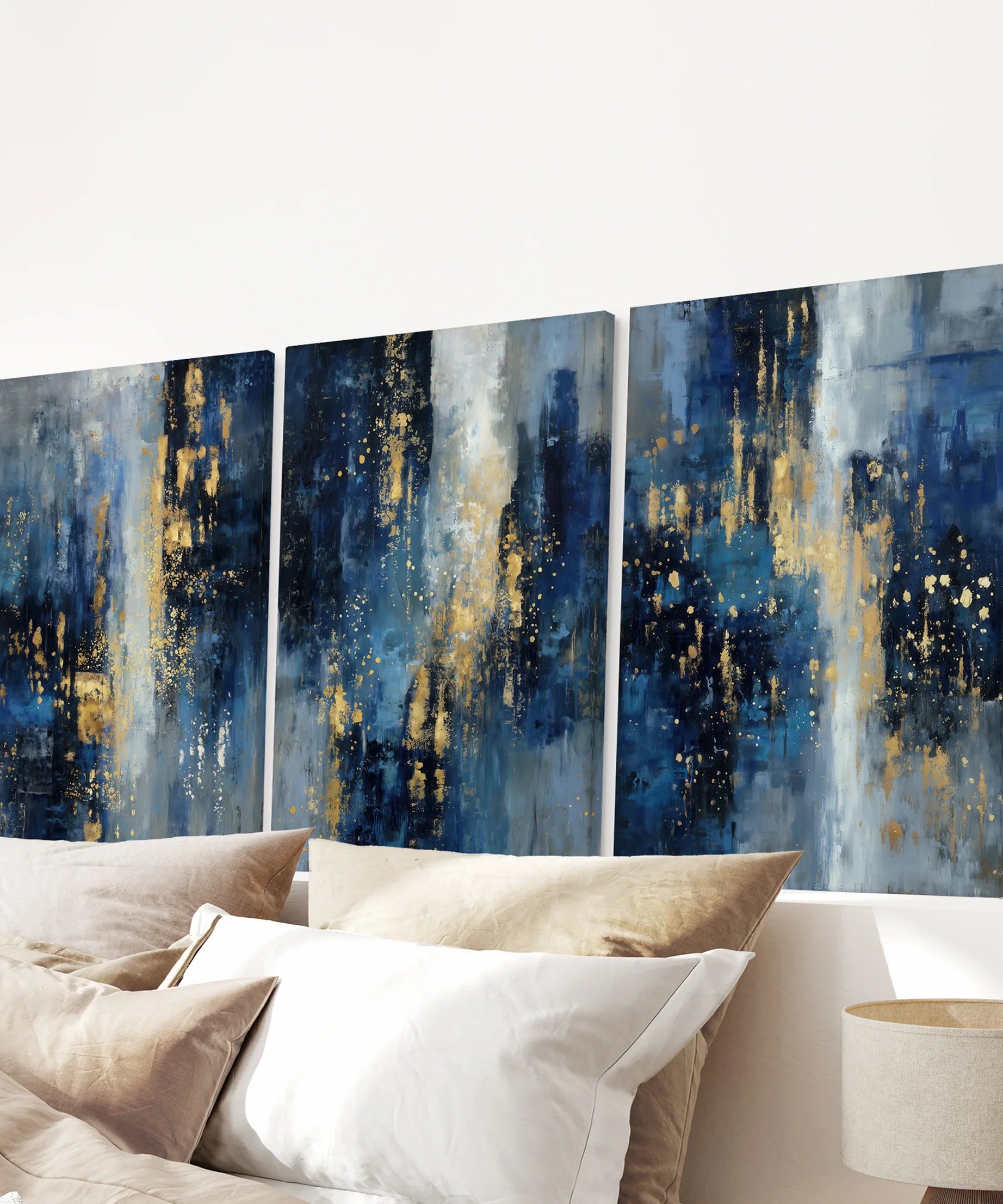 Navy Blue and Gold Triptych. Sparkle Oil Painting Prints