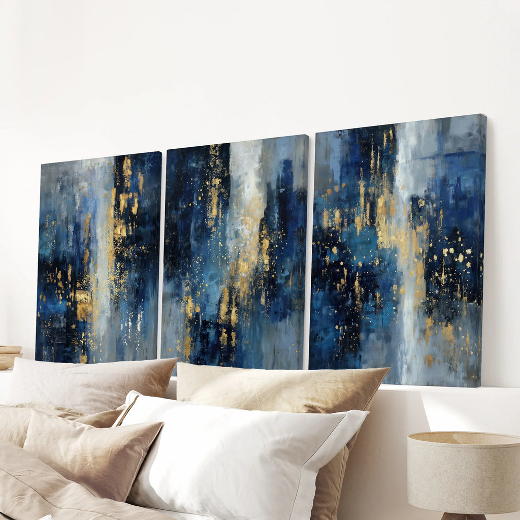 Navy Blue and Gold Triptych. Sparkle Oil Painting Prints
