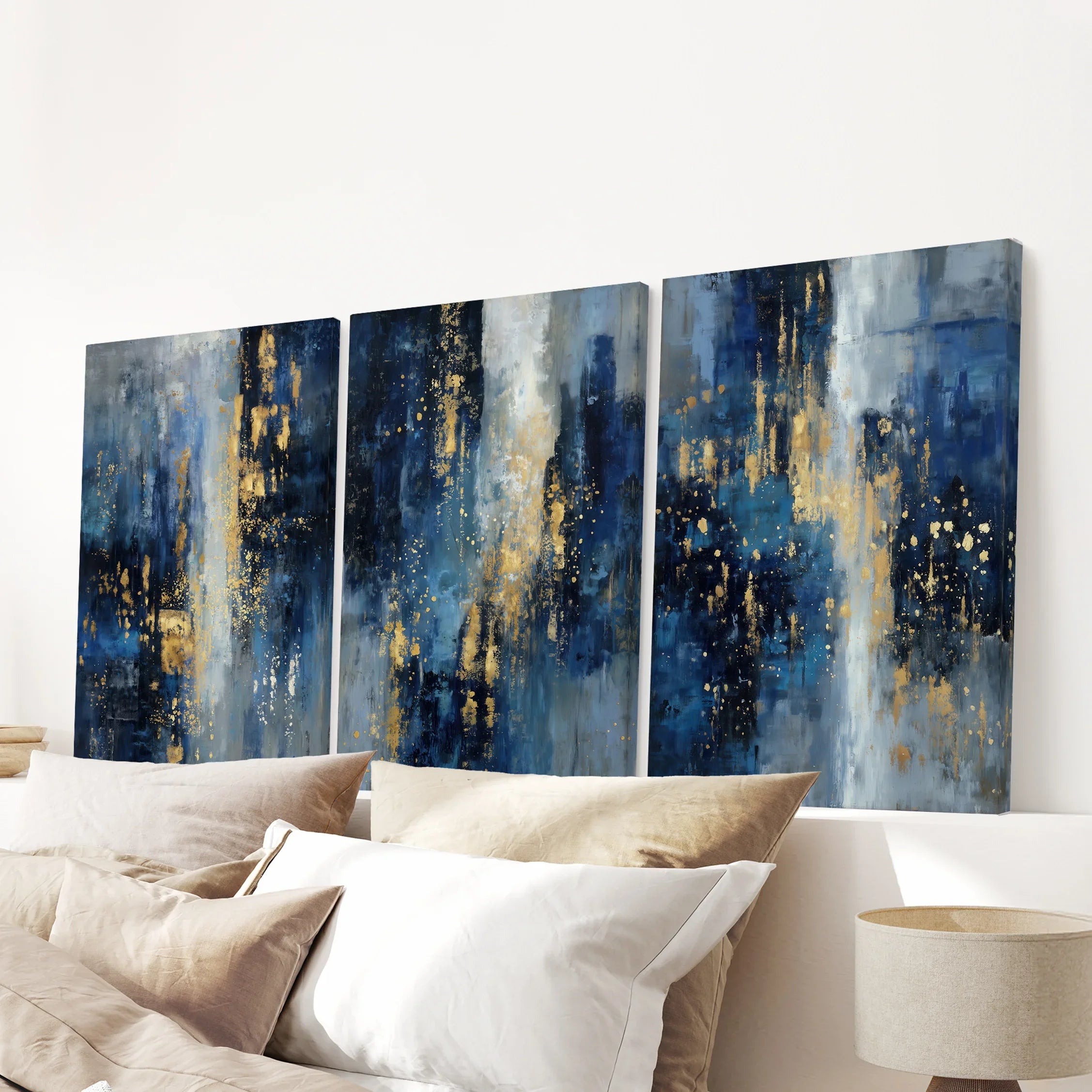 Navy Blue and Gold Triptych. Sparkle Oil Painting Prints