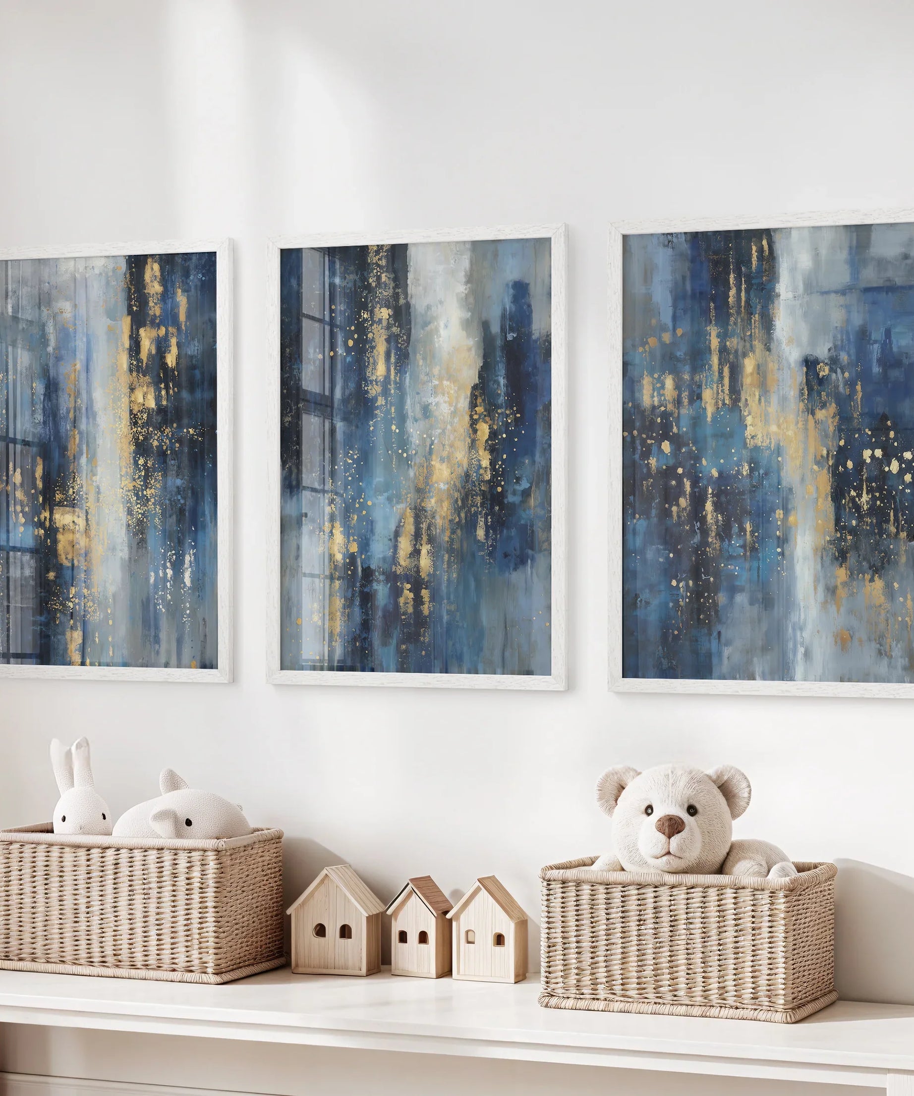 Navy Blue and Gold Triptych. Sparkle Oil Painting Prints