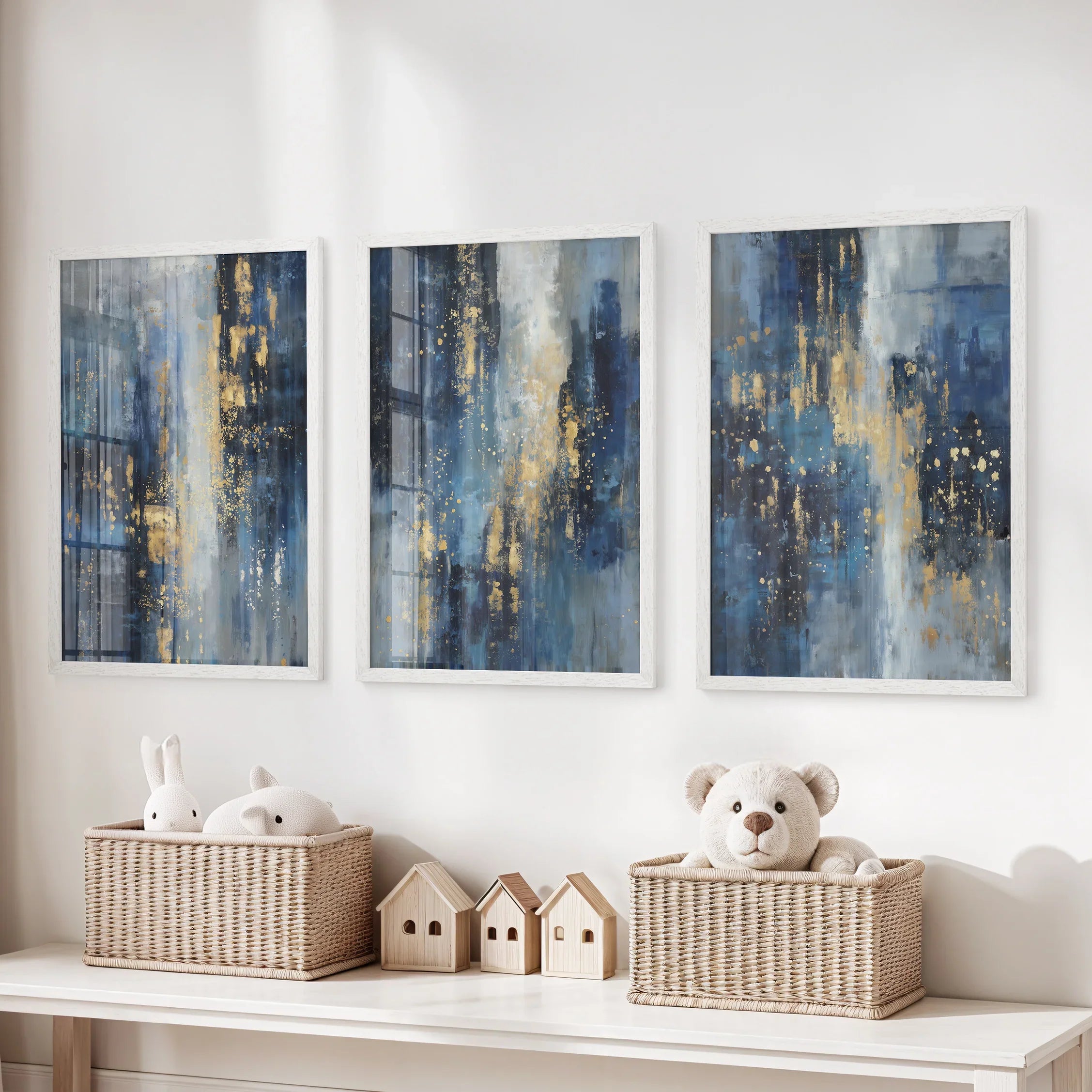 Navy Blue and Gold Triptych. Sparkle Oil Painting Prints
