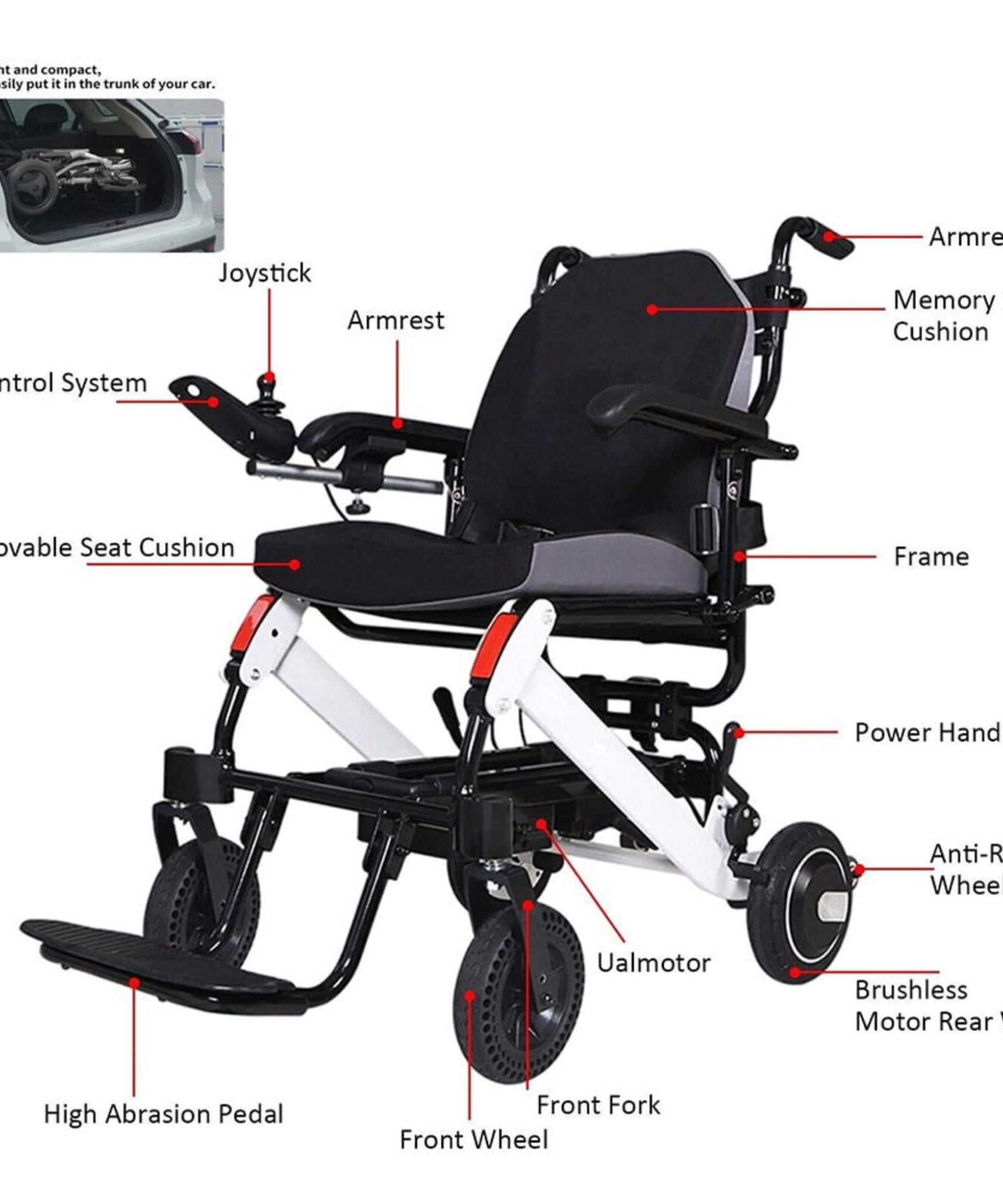 Maidesite 17.5-Inch 500W Wide Seat Lightweight Electric Folding Wheelchair (SAK33689)
