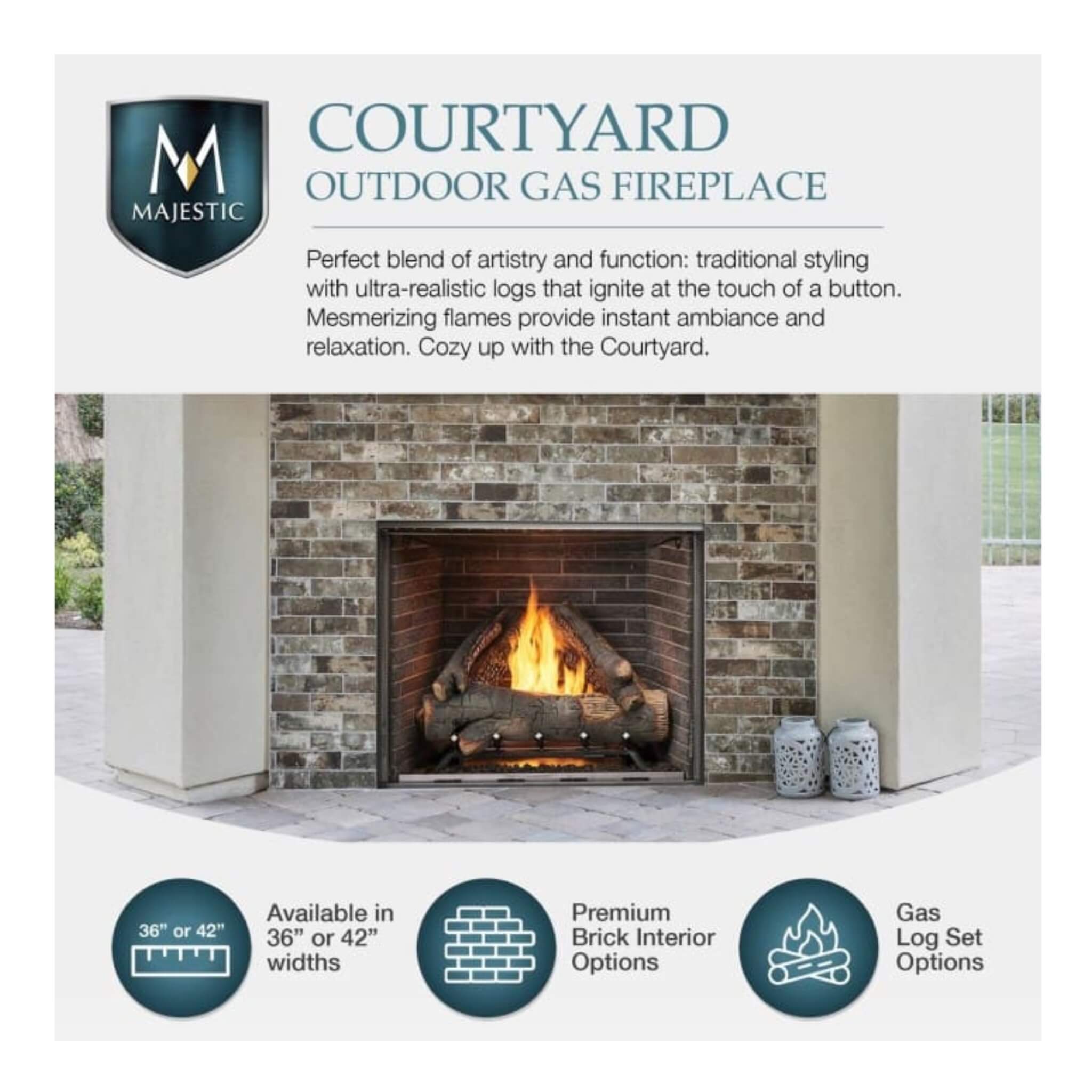 Majestic Courtyard 55K BTU 42-Inch Traditional Outdoor Gas Fireplace With Stacked Concrete Refractory [ODCOUG-42TS] (SAK75312)