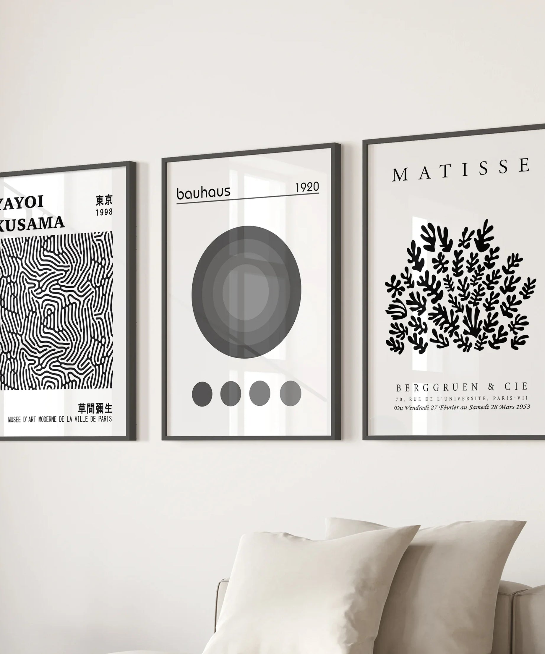 Black White Kusama, Matisse, Bauhaus Posters. Art Set of 3