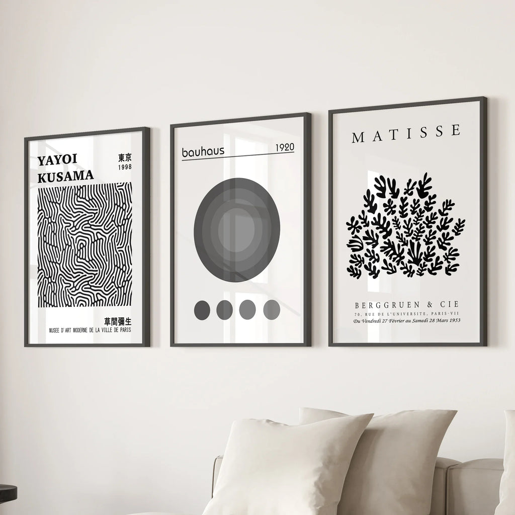 Black White Kusama, Matisse, Bauhaus Posters. Art Set of 3