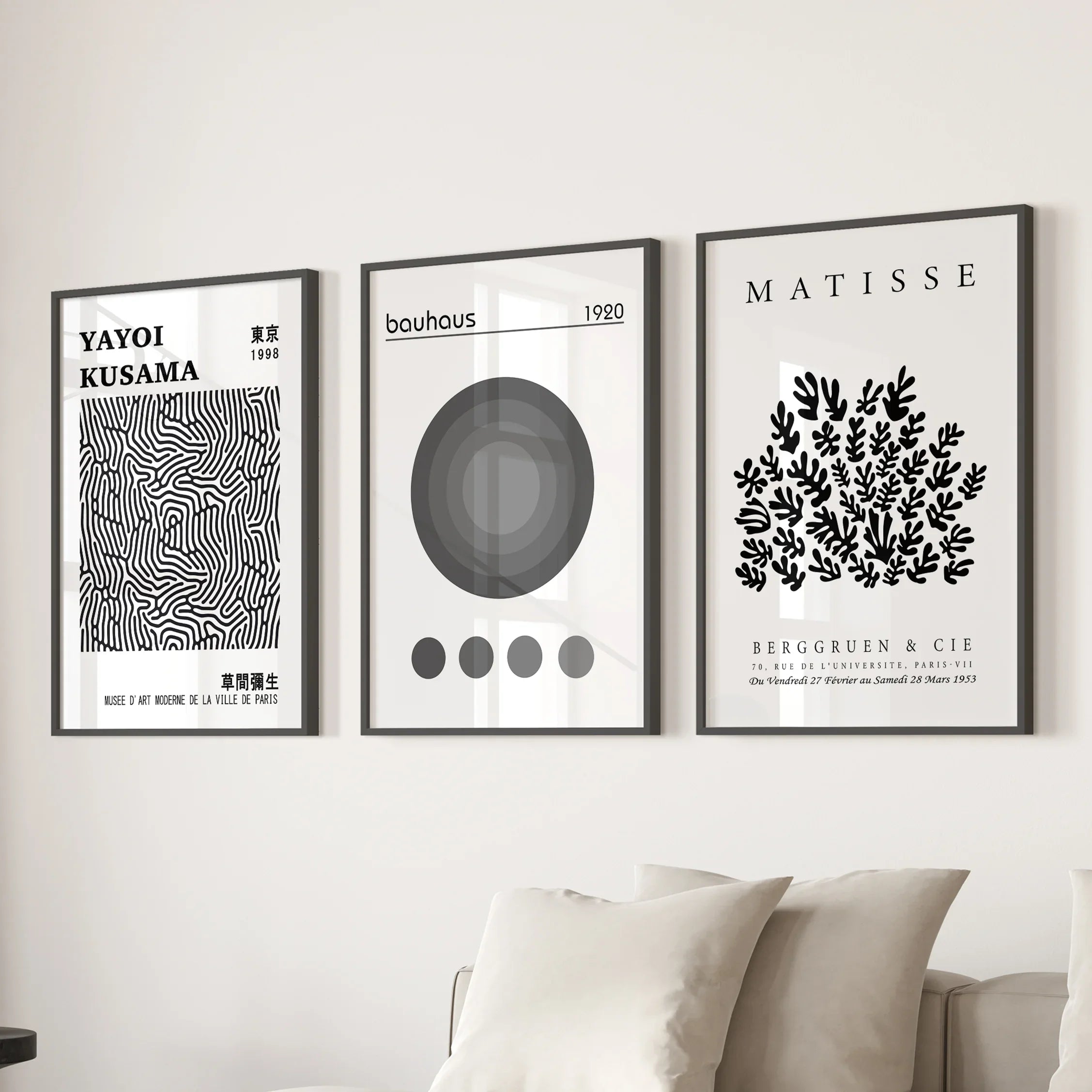Black White Kusama, Matisse, Bauhaus Posters. Art Set of 3