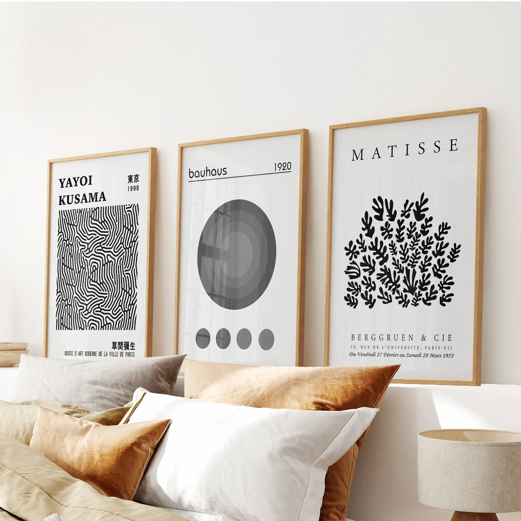 Black White Kusama, Matisse, Bauhaus Posters. Art Set of 3