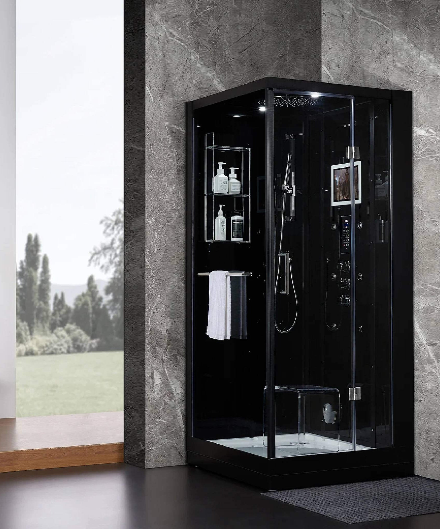 Maya Bath Platinum Arrezo Steam Shower With Rainfall Ceiling Shower (SAK75924)