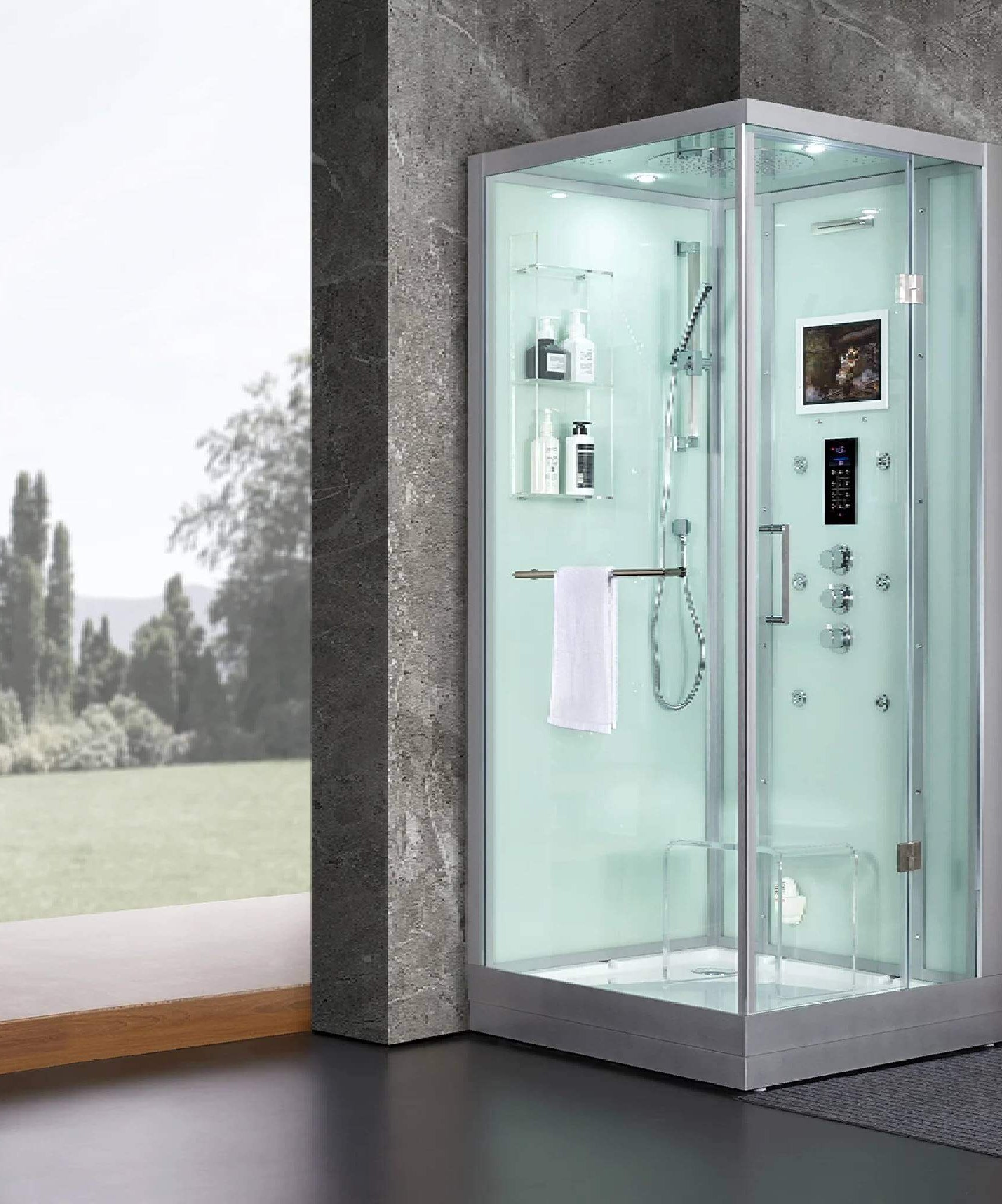 Maya Bath Platinum Arrezo Steam Shower With Rainfall Ceiling Shower (SAK75924)
