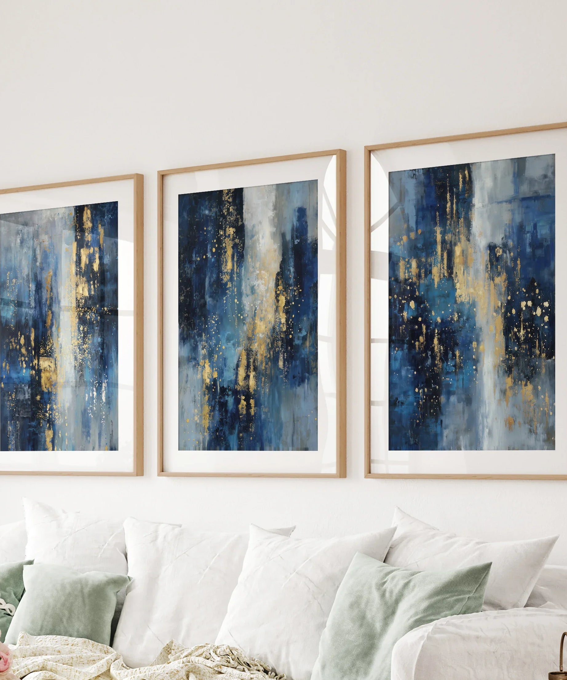 Navy Blue and Gold Triptych. Sparkle Oil Painting Prints