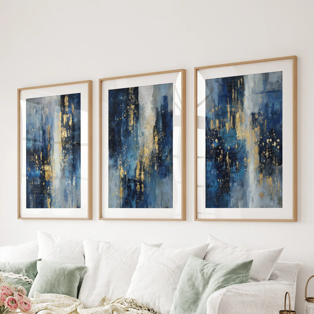 Navy Blue and Gold Triptych. Sparkle Oil Painting Prints