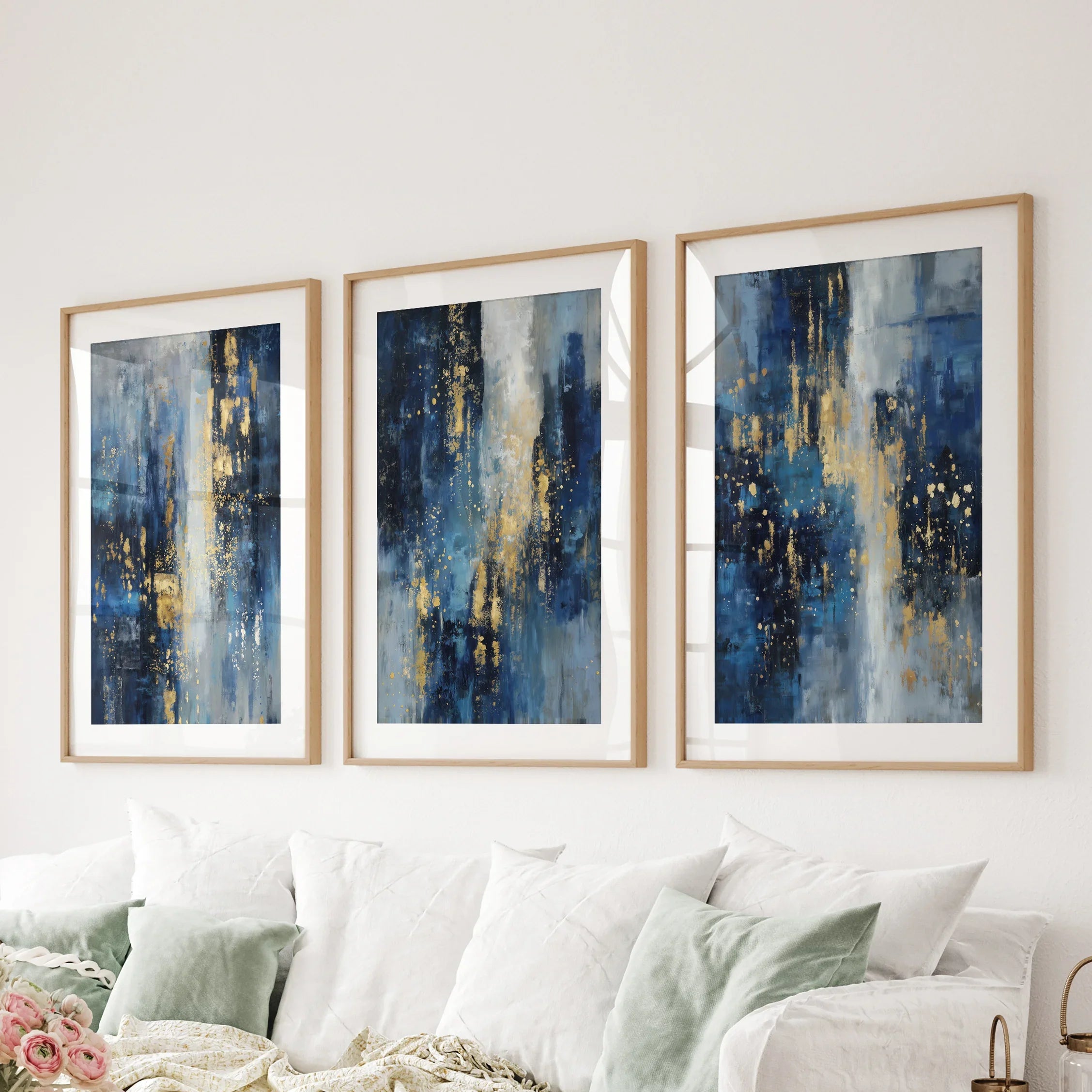 Navy Blue and Gold Triptych. Sparkle Oil Painting Prints