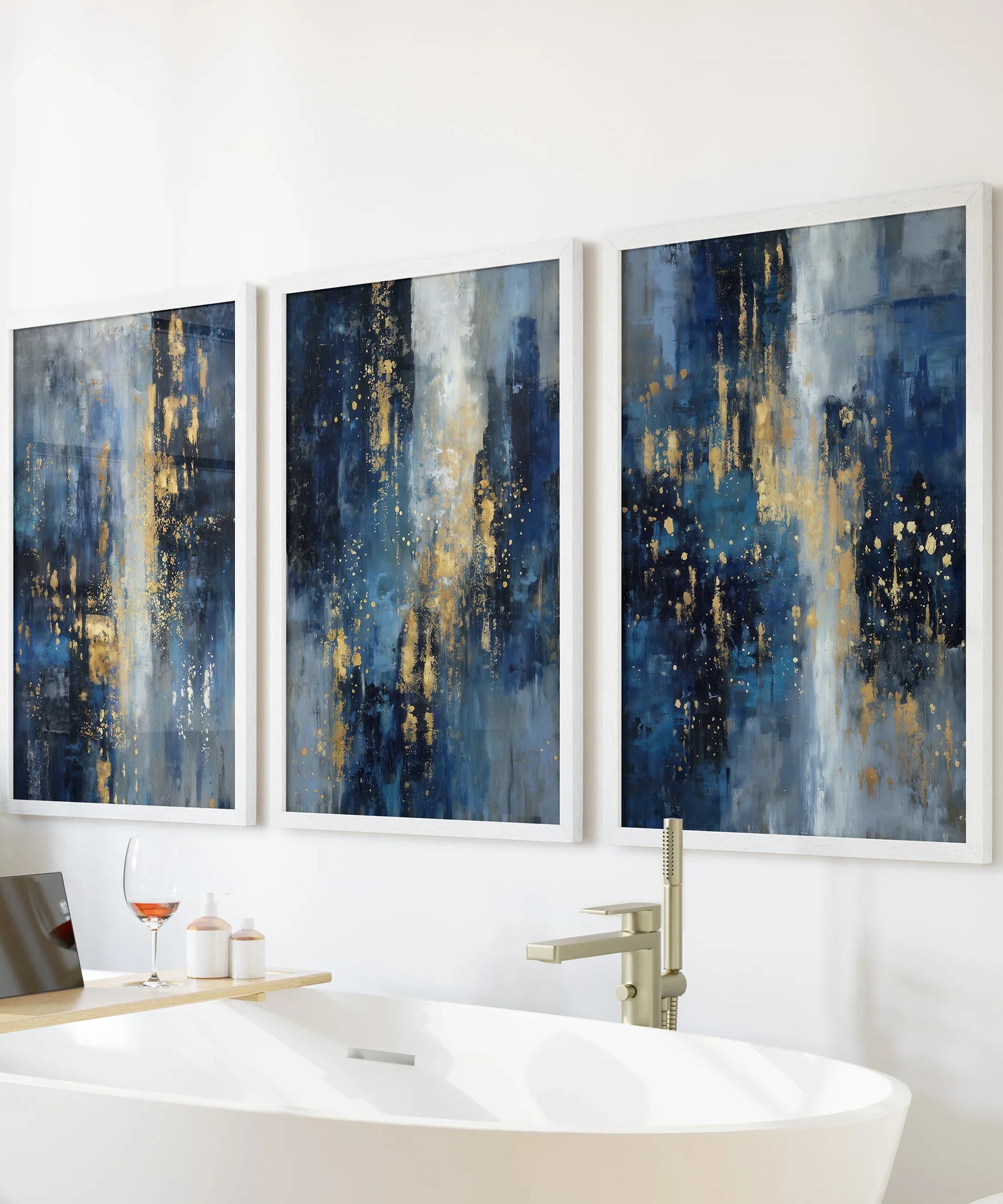 Navy Blue and Gold Triptych. Sparkle Oil Painting Prints