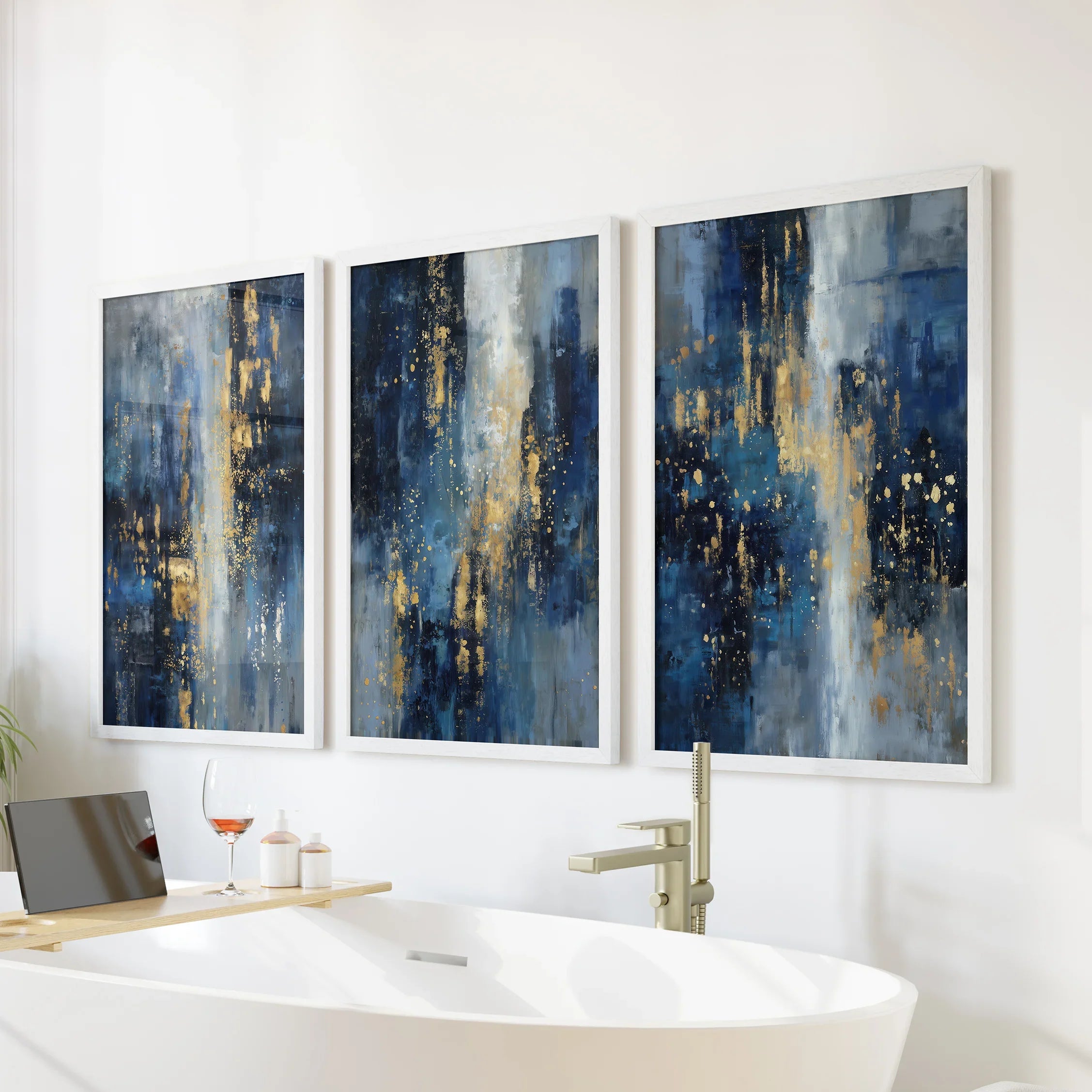 Navy Blue and Gold Triptych. Sparkle Oil Painting Prints