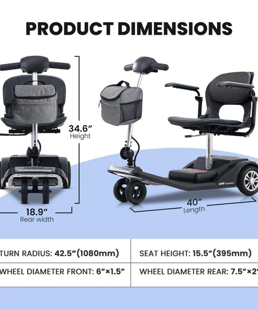 Metro Mobility Air Classic Electric 24V/12AH 250W Airline Approved Portable Folding Mobility Scooter, 265LBS (SAK96425)