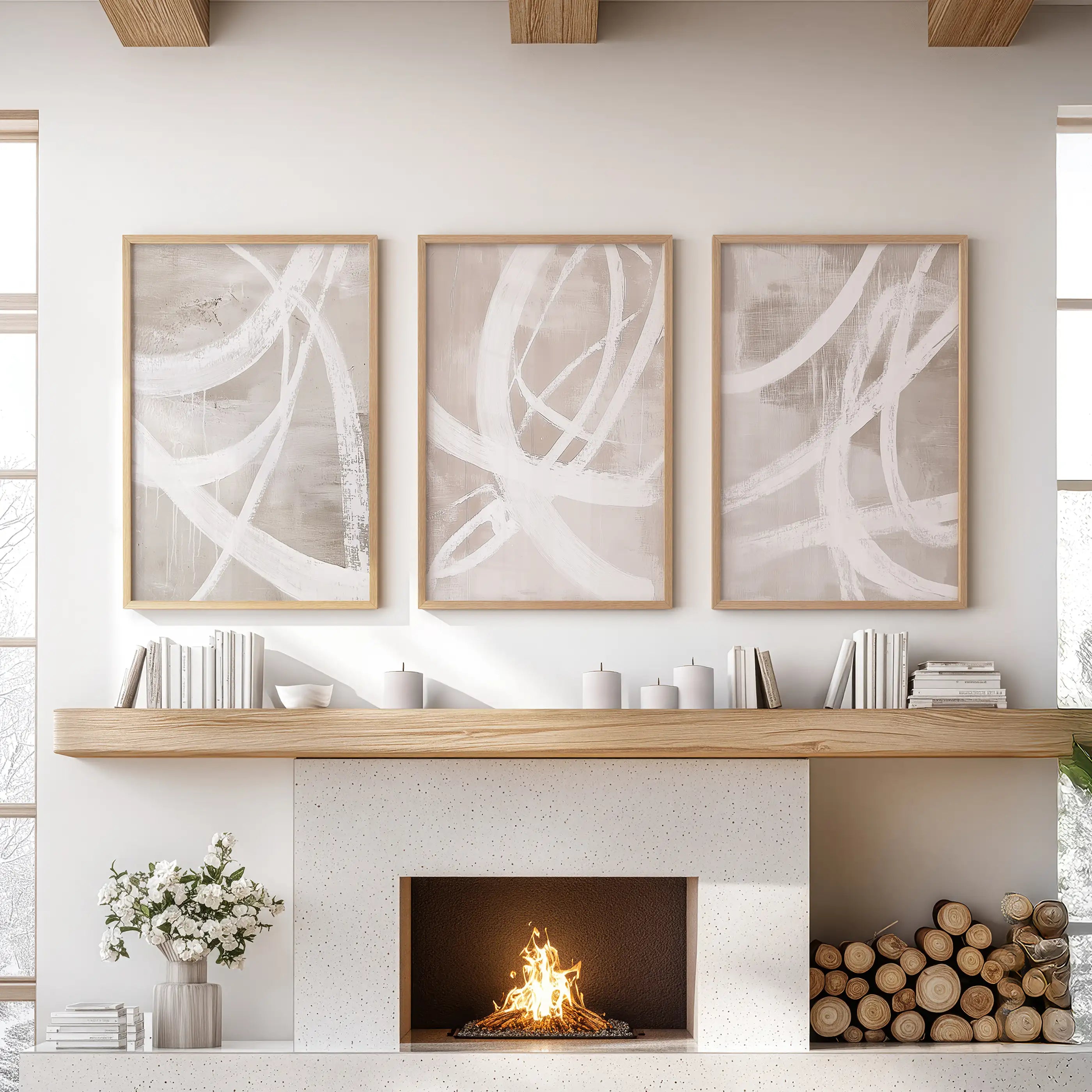 Modern Minimalist Abstract Triptych. Neutral Brush Stroke Art