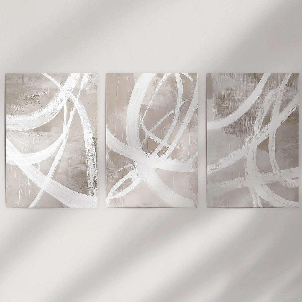 Modern Minimalist Abstract Triptych. Neutral Brush Stroke Art