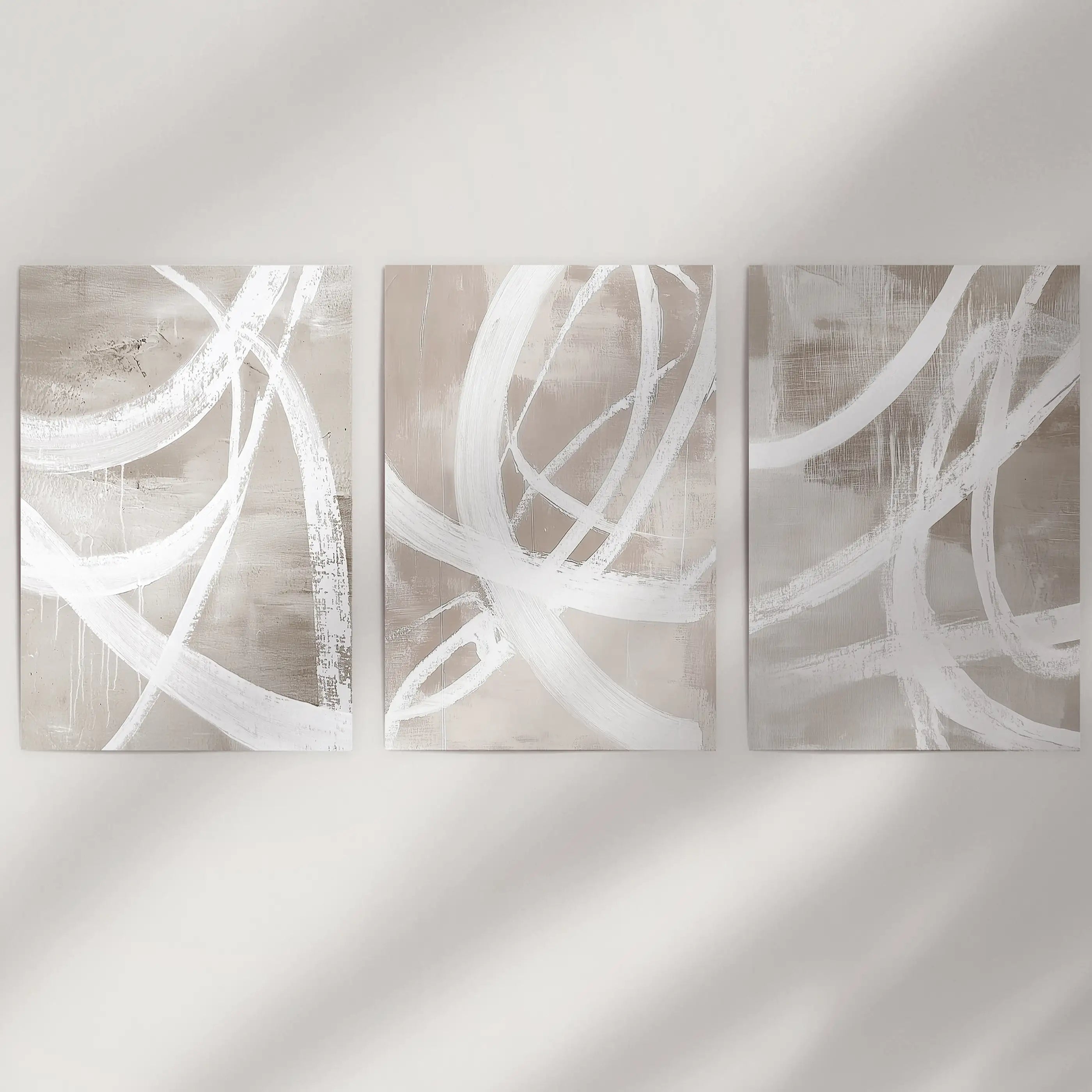 Modern Minimalist Abstract Triptych. Neutral Brush Stroke Art