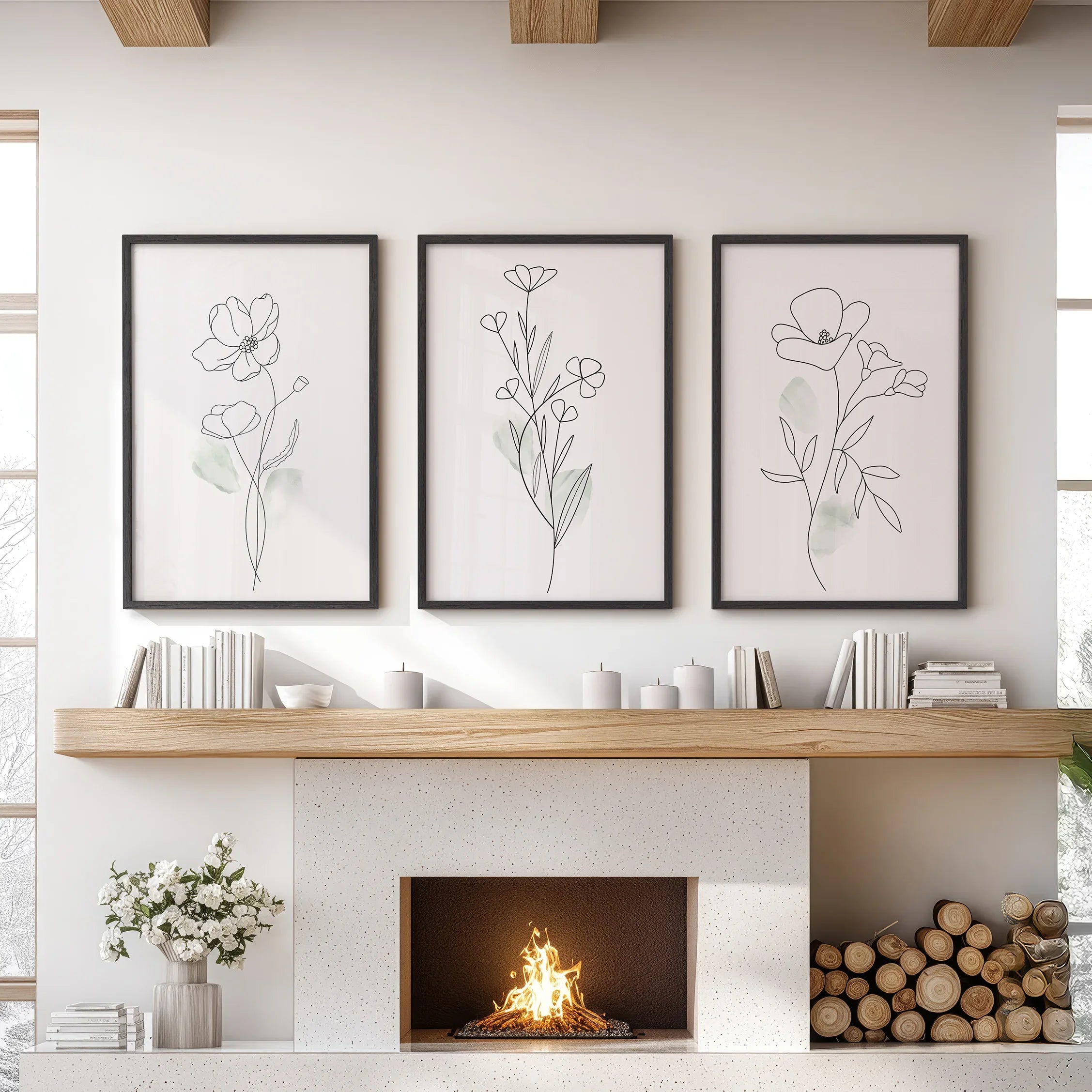 Modern Botanical Line Art Decor. 3 Piece Floral Print Set