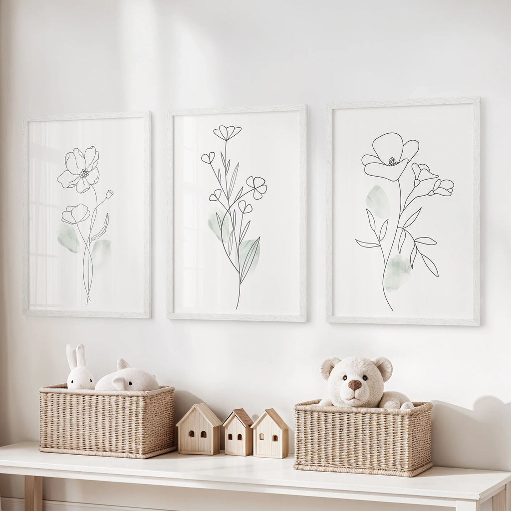 Modern Botanical Line Art Decor. 3 Piece Floral Print Set