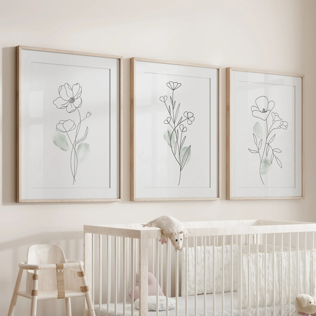 Modern Botanical Line Art Decor. 3 Piece Floral Print Set