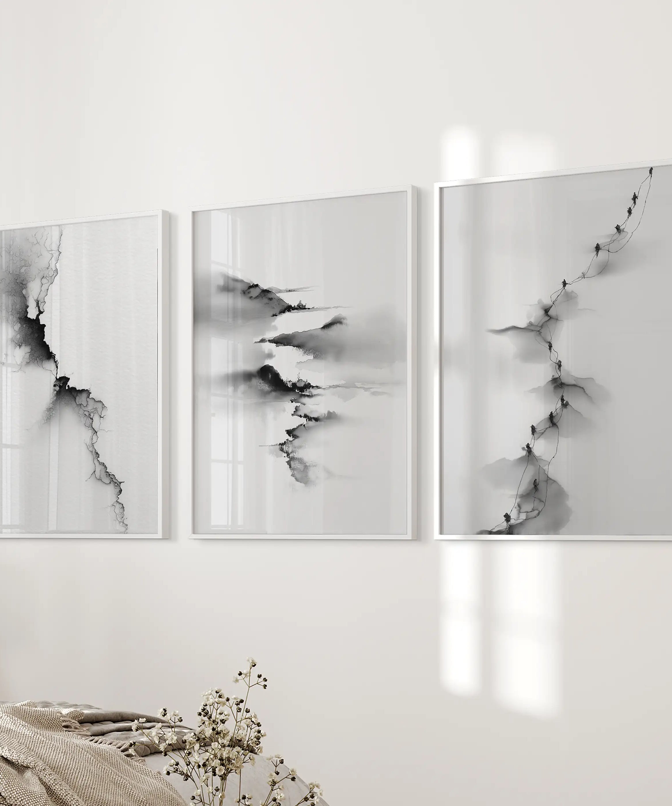 Abstract Mountain 3 Piece Wall Art. Black White Minimalist