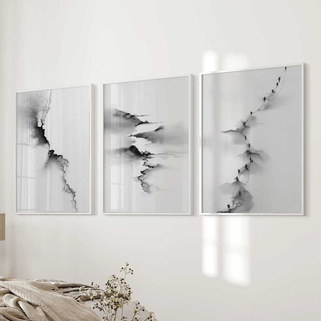Abstract Mountain 3 Piece Wall Art. Black White Minimalist