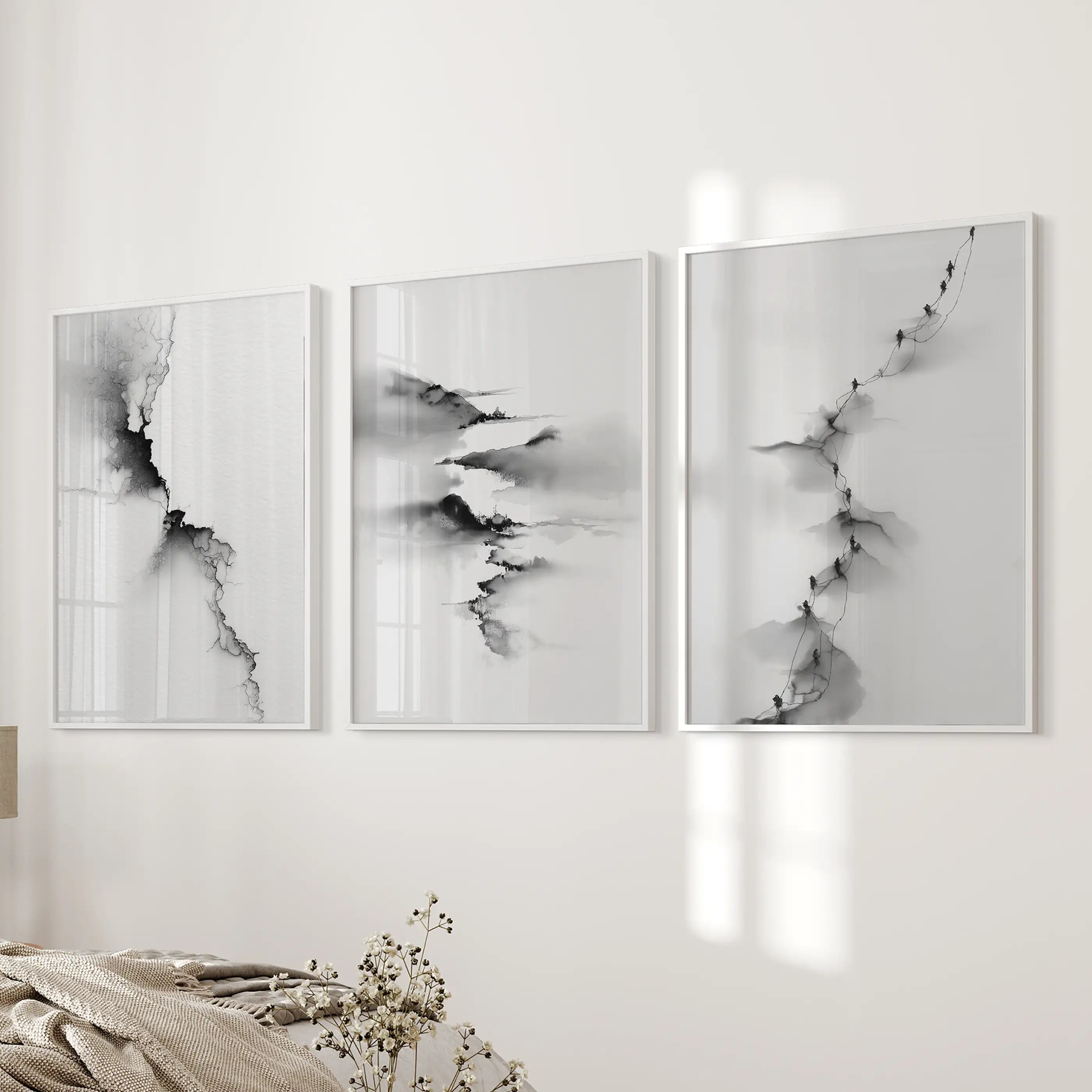 Abstract Mountain 3 Piece Wall Art. Black White Minimalist