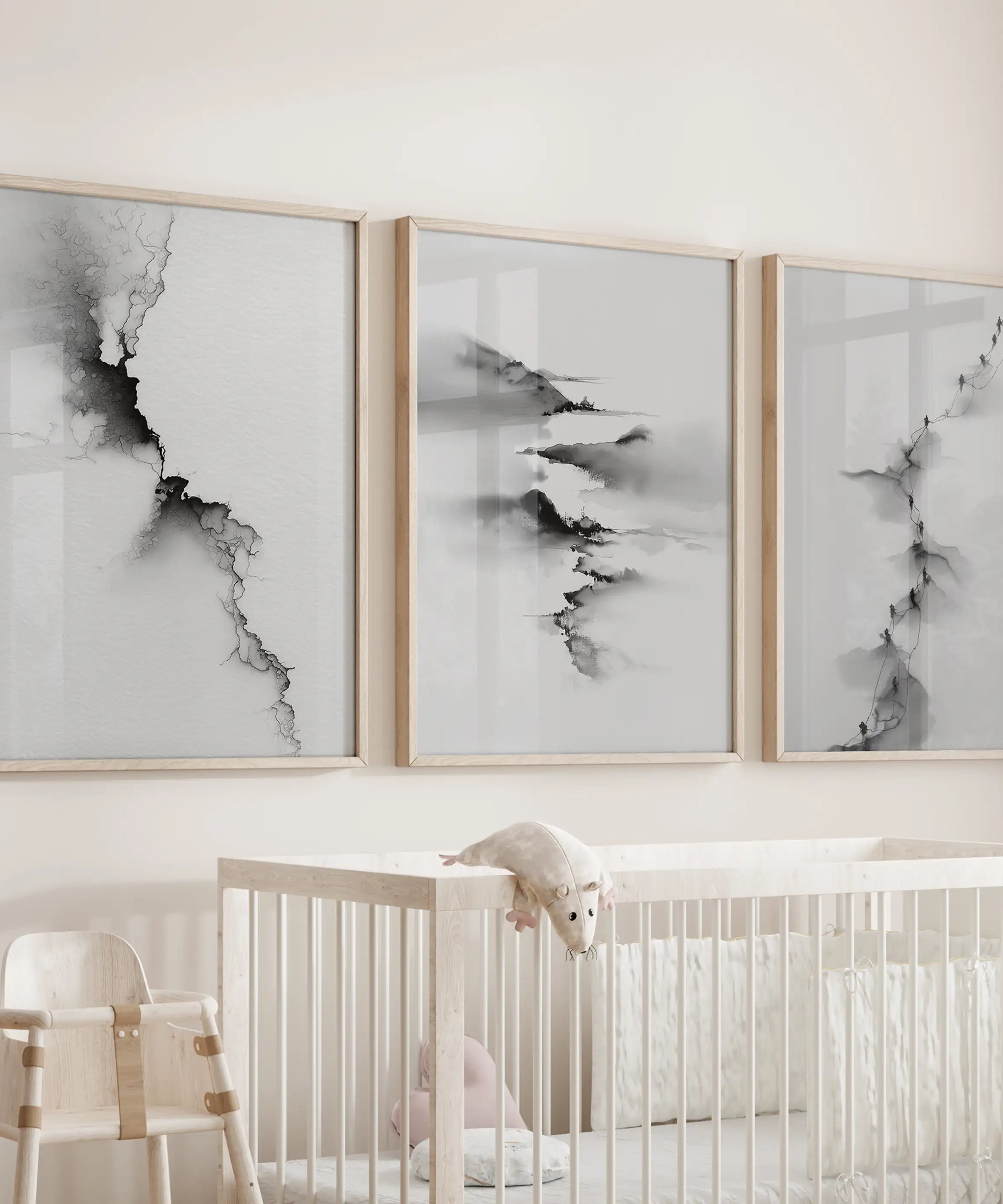 Abstract Mountain 3 Piece Wall Art. Black White Minimalist