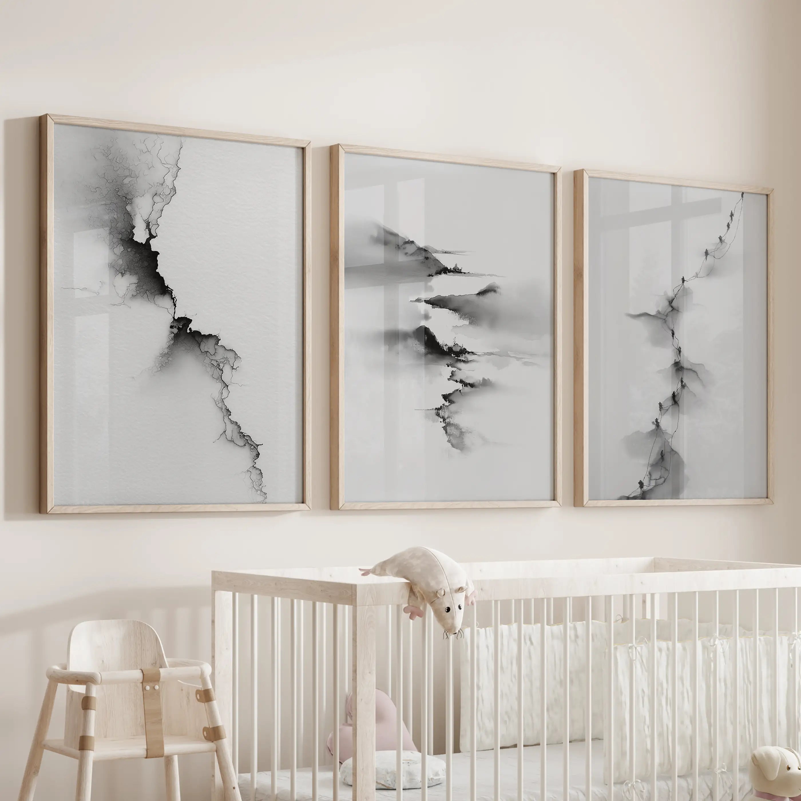Abstract Mountain 3 Piece Wall Art. Black White Minimalist