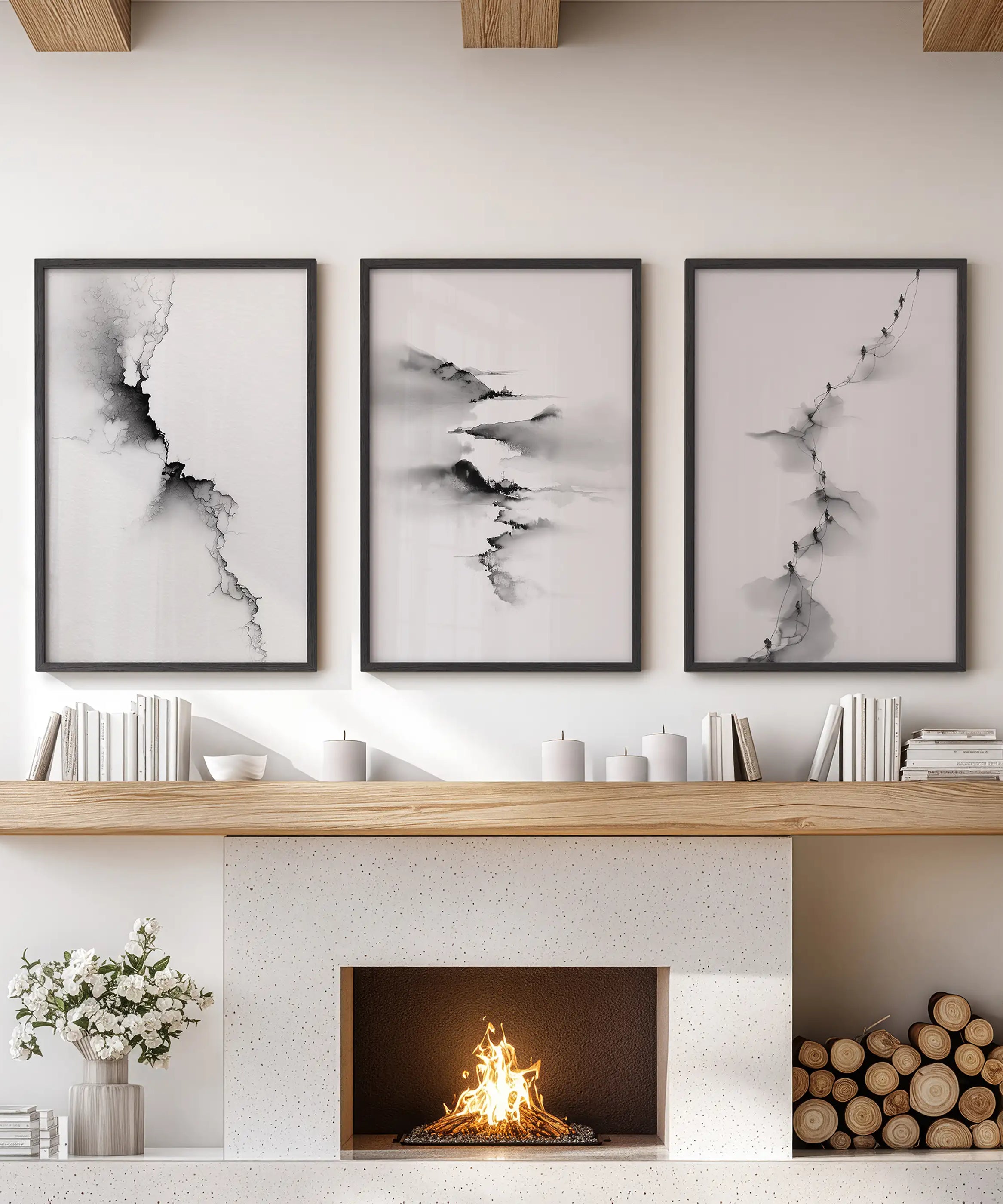Abstract Mountain 3 Piece Wall Art. Black White Minimalist
