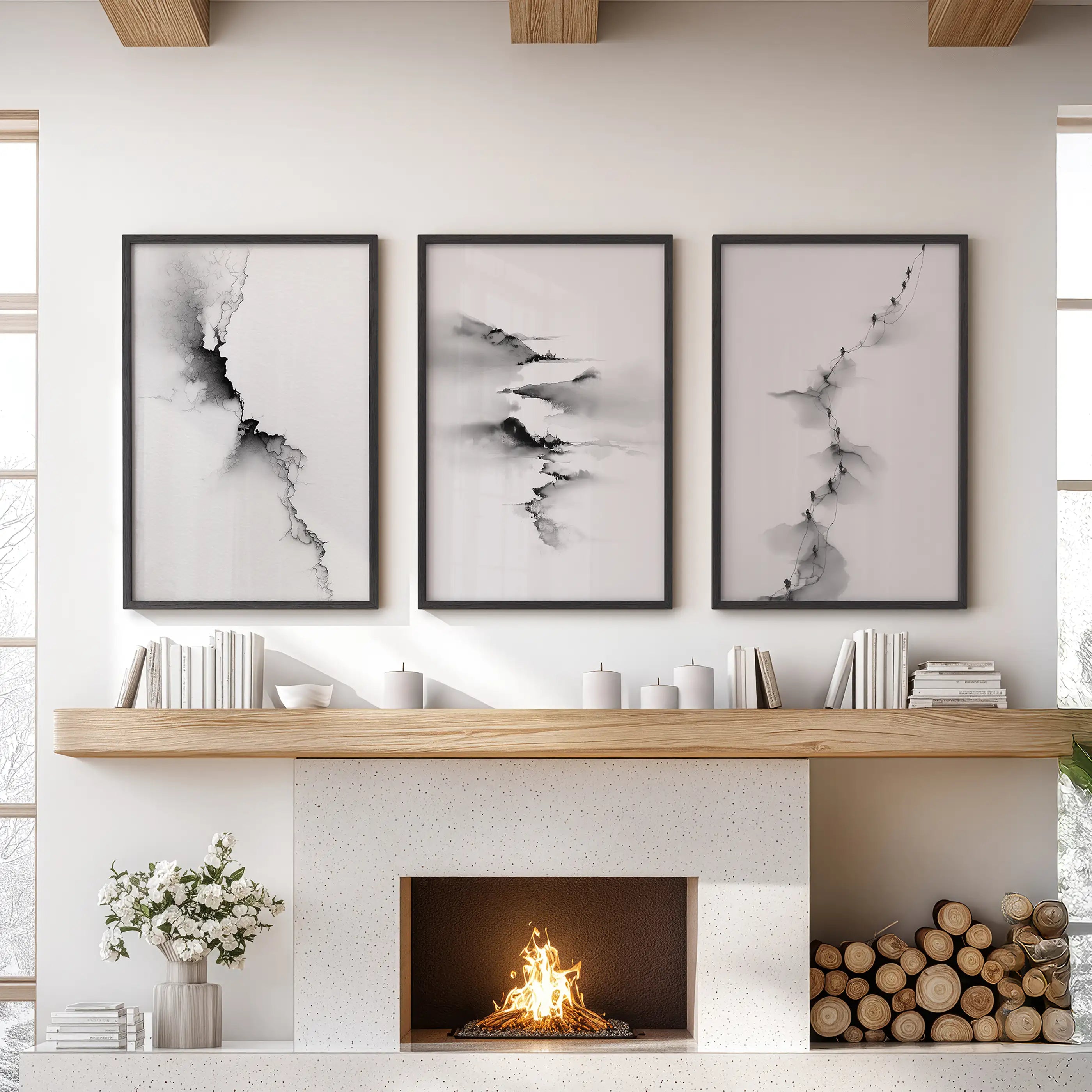 Abstract Mountain 3 Piece Wall Art. Black White Minimalist