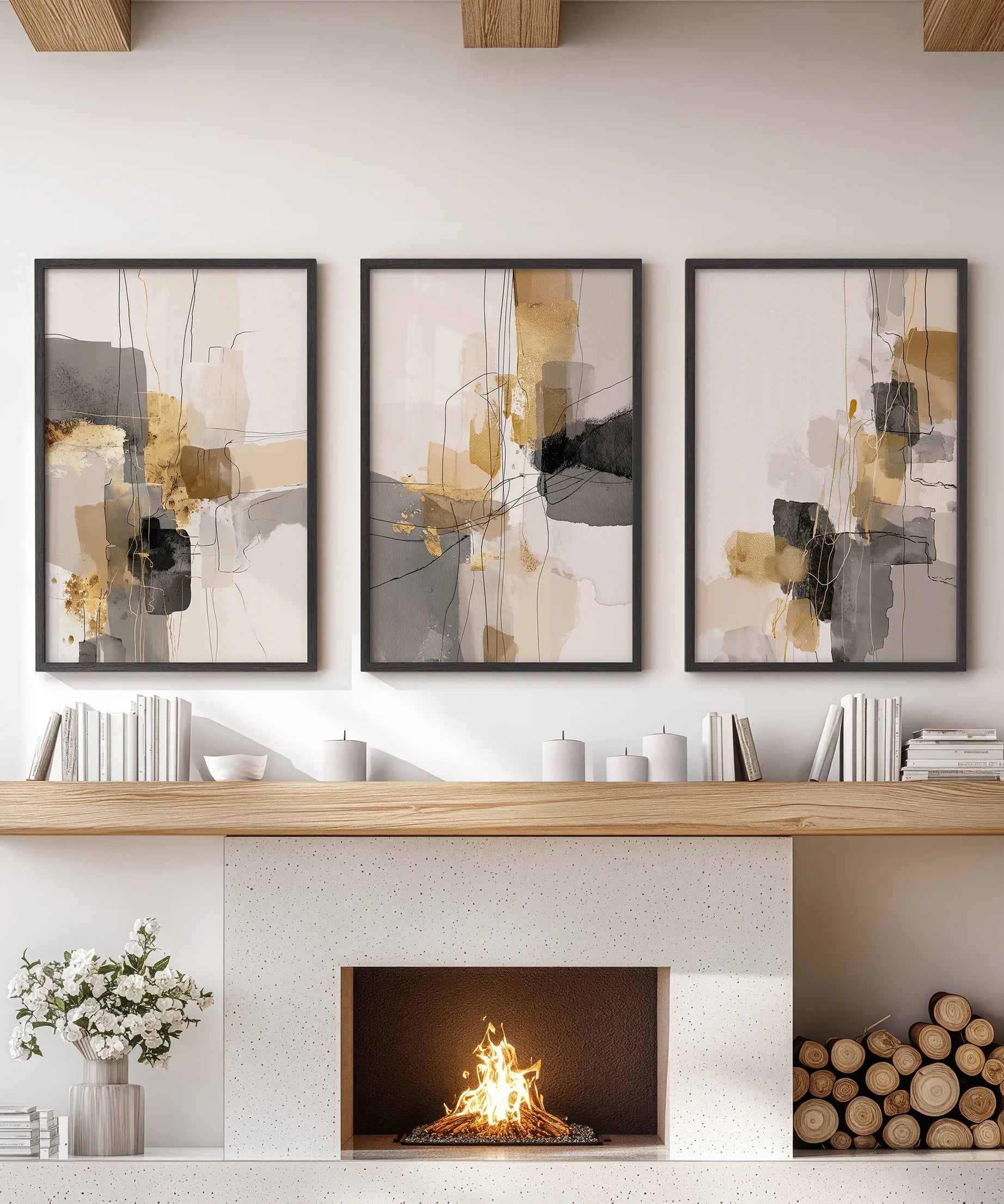 Neutral Abstract Wall Art Set of 3. Beige, Gray, Gold Prints