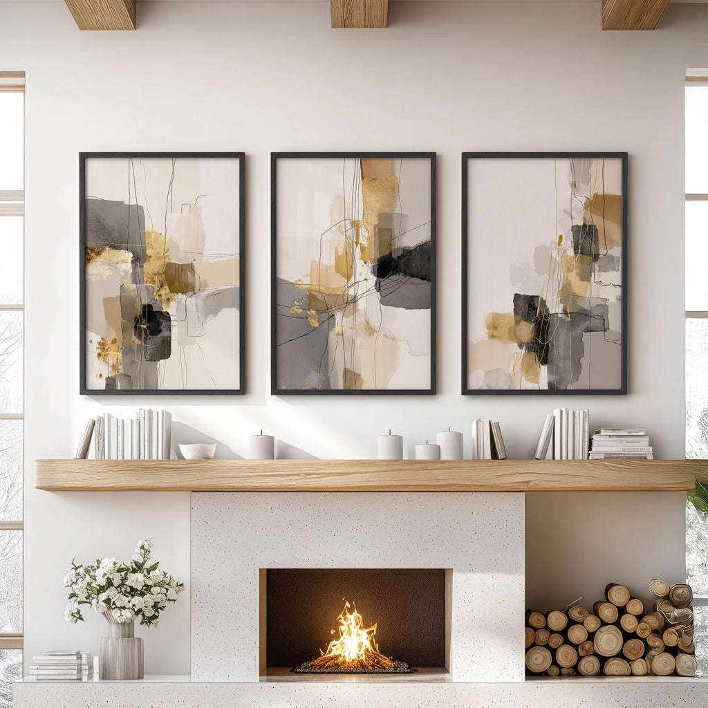 Neutral Abstract Wall Art Set of 3. Beige, Gray, Gold Prints