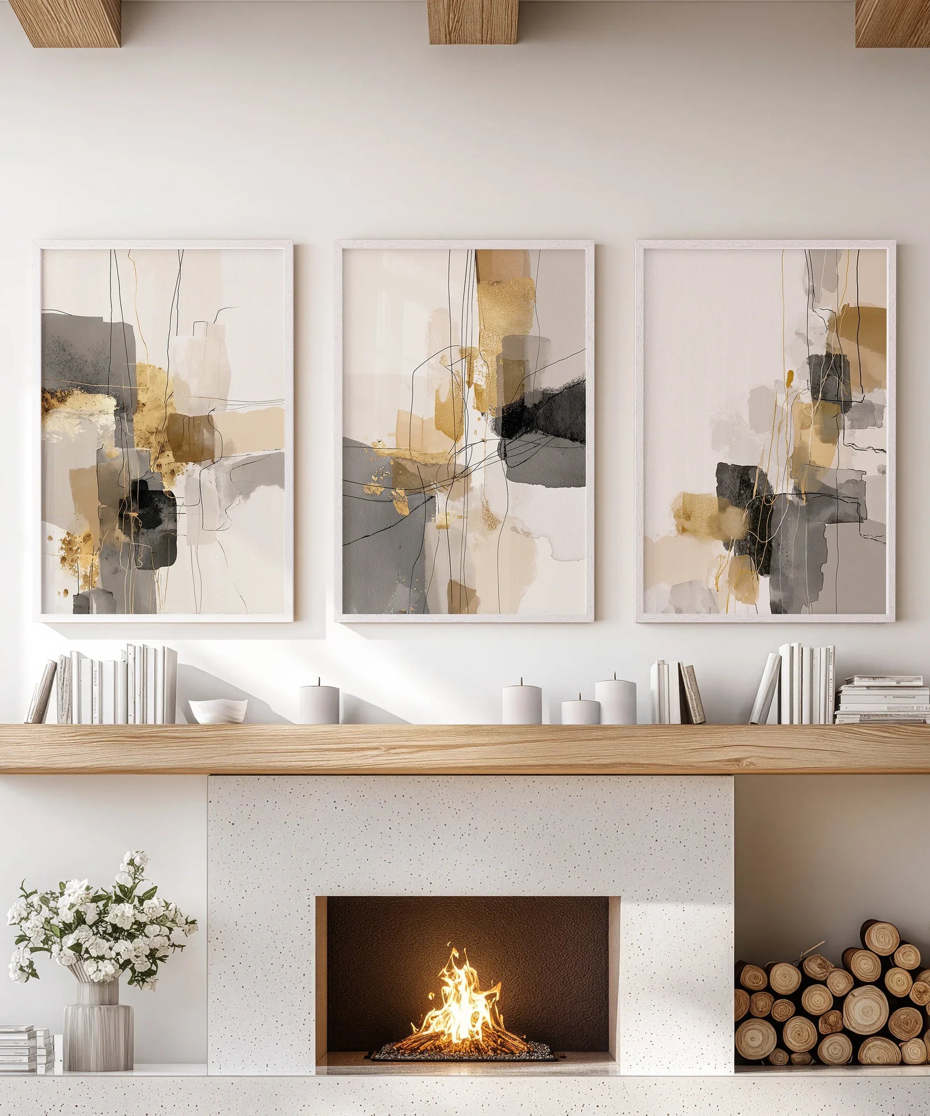 Neutral Abstract Wall Art Set of 3. Beige, Gray, Gold Prints