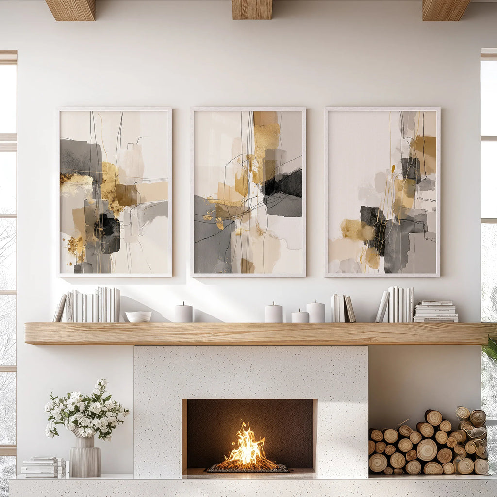 Neutral Abstract Wall Art Set of 3. Beige, Gray, Gold Prints