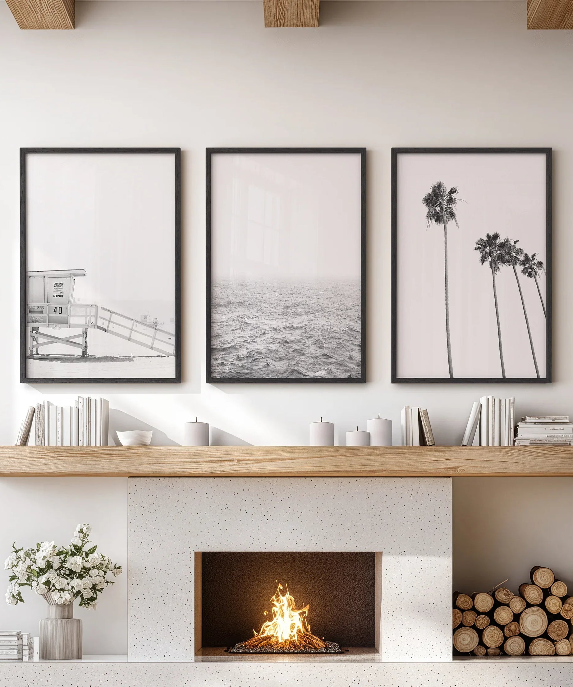 Black White Coastal Wall Art Set: Palms, Ocean, Lifeguard