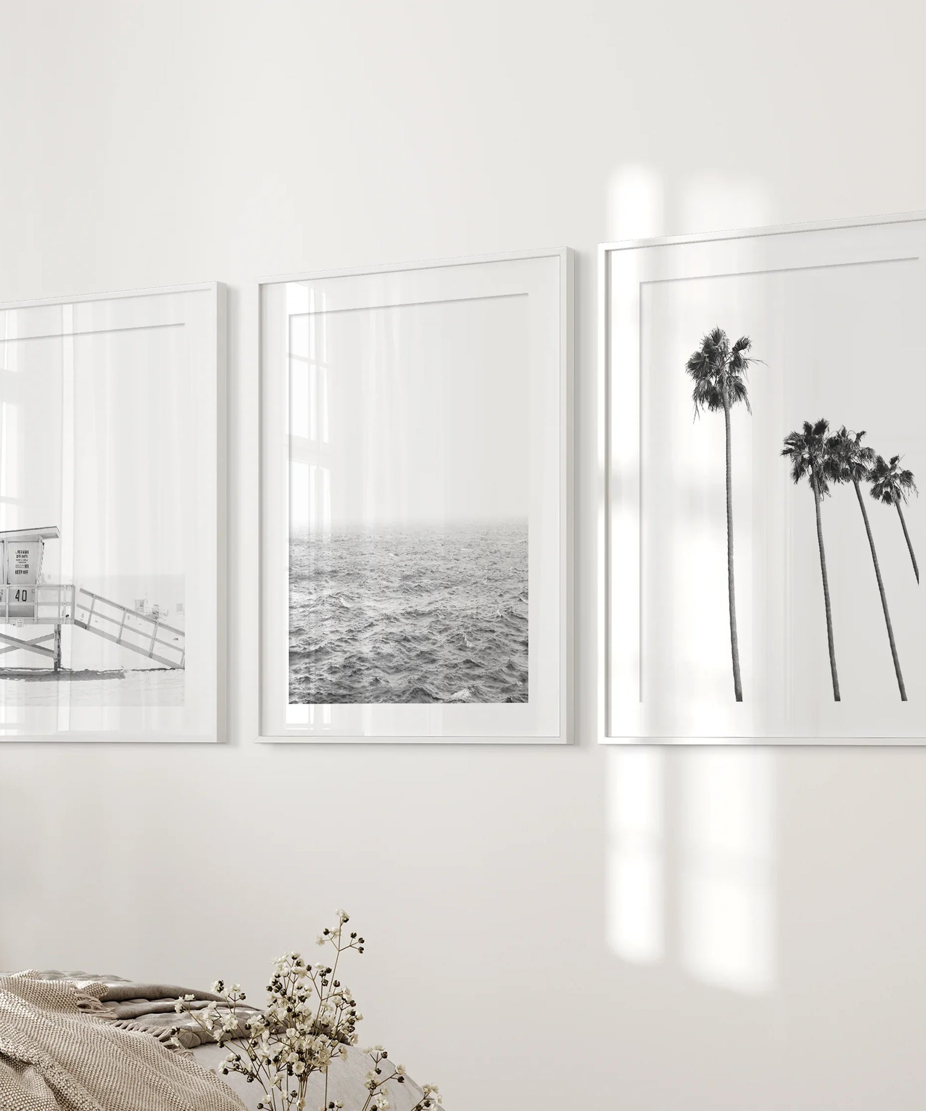 Black White Coastal Wall Art Set: Palms, Ocean, Lifeguard
