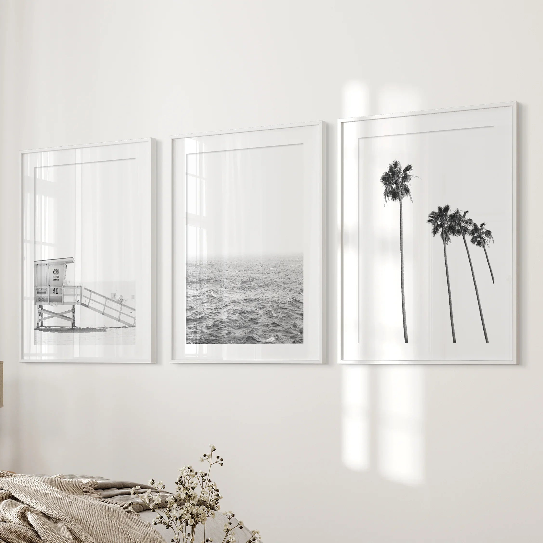 Black White Coastal Wall Art Set: Palms, Ocean, Lifeguard