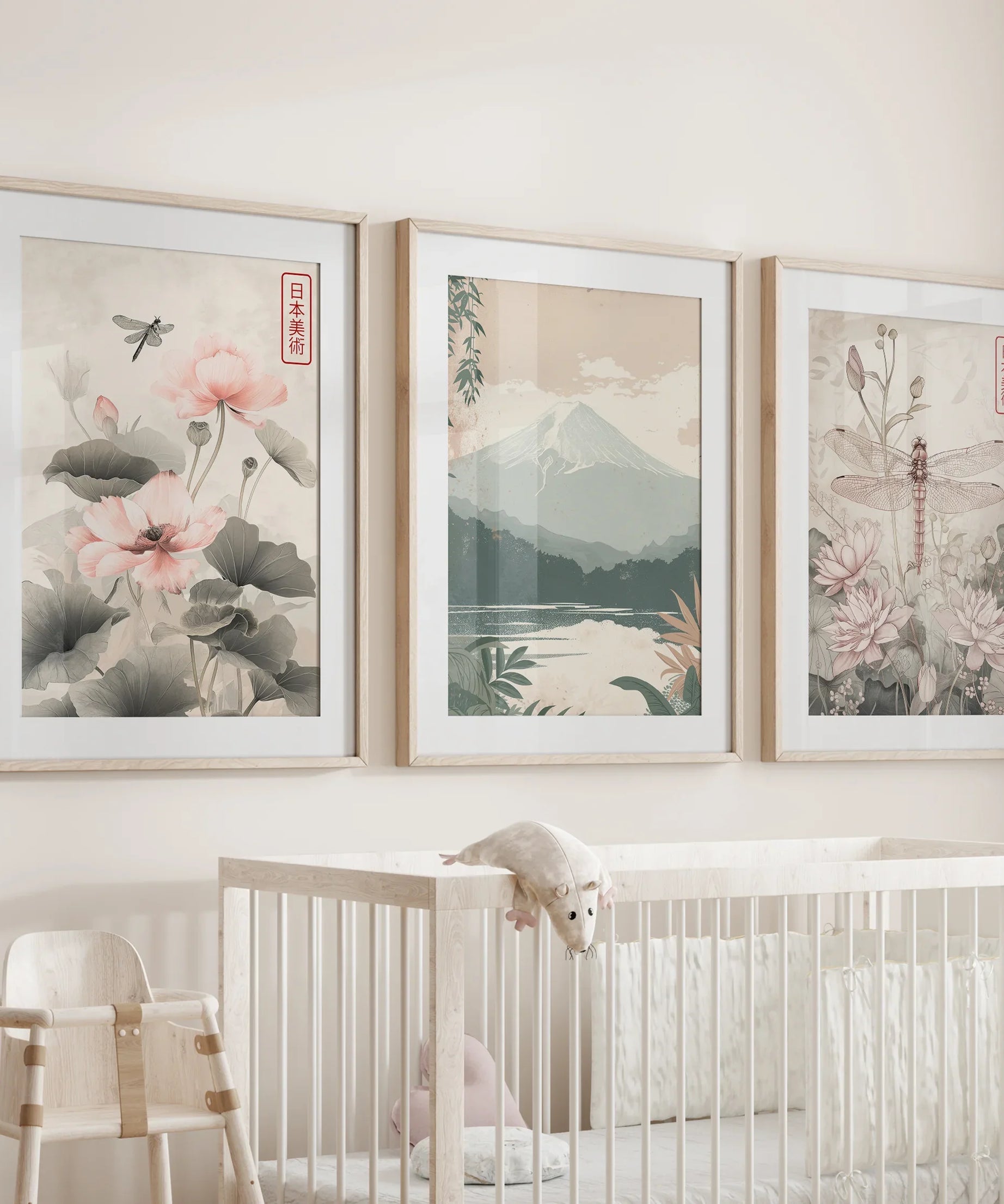 Japandi Style Set of 3 Wall Art. Floral and Mountain Prints