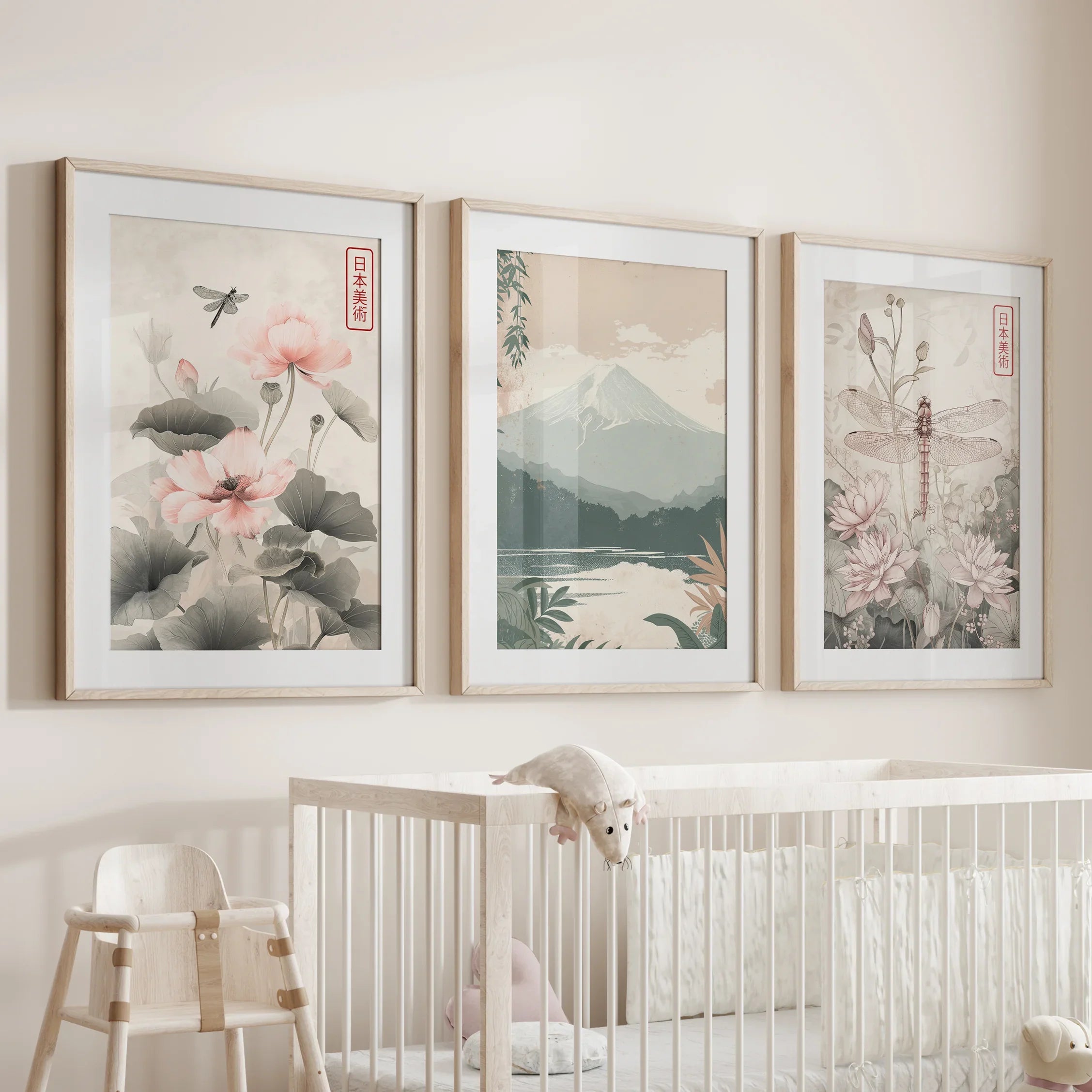 Japandi Style Set of 3 Wall Art. Floral and Mountain Prints