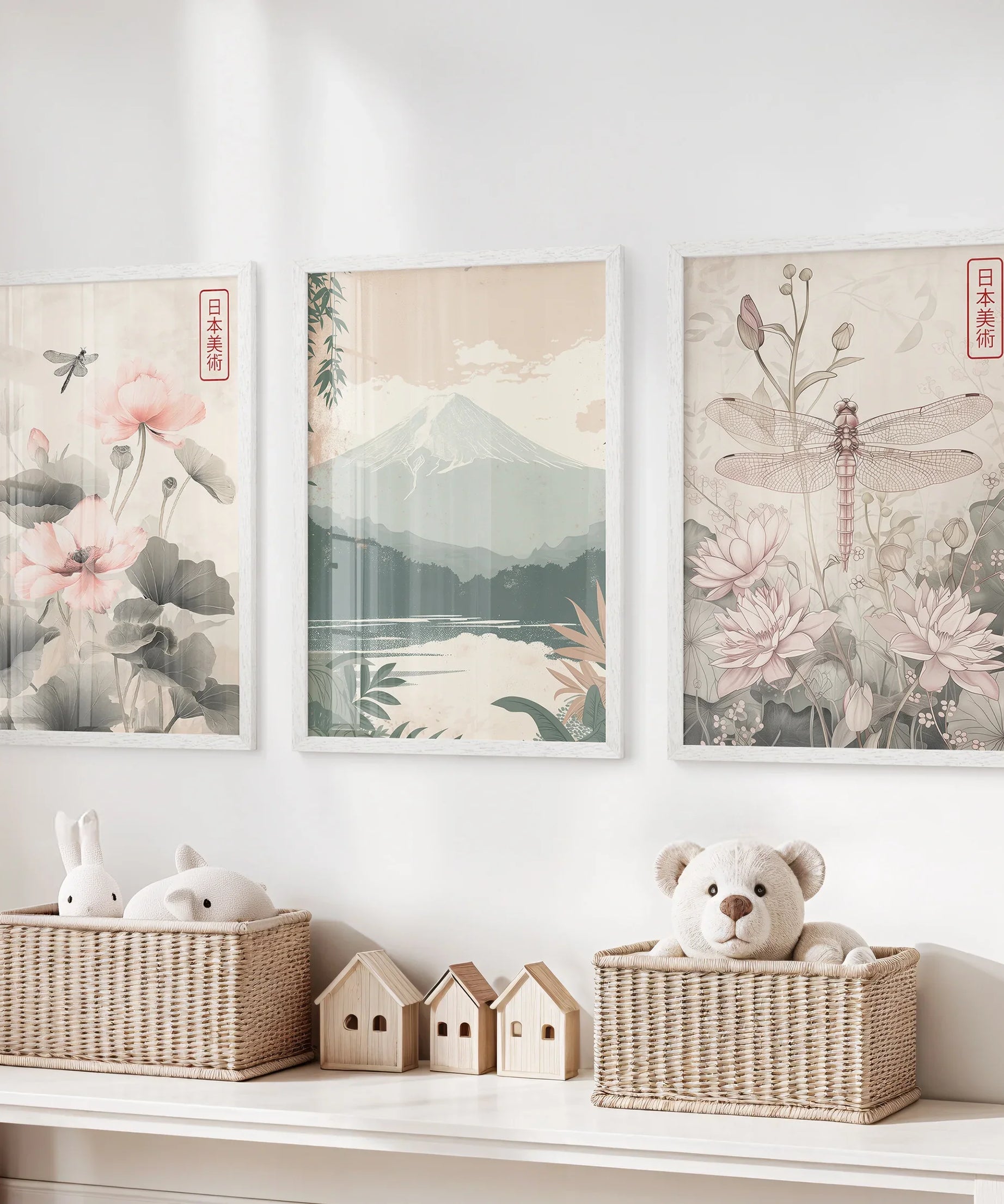 Japandi Style Set of 3 Wall Art. Floral and Mountain Prints